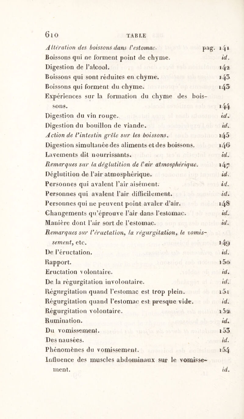 Alteration des boissons dans /’estomac. pag. 1 q * Boissons qui ne forment point de chyme. id. Digestion de l’alcool. 142 Boissons qui sont réduites en chyme. i43 Boissons qui forment du chyme. i43 Expériences sur la formation du chyme des bois¬ sons. 144 Digestion du vin rouge^ id. Digestion du bouillon de viande. id. Action de l’intestin grêle sur les boissons. i45 Digestion simultanée des aliments et des boissons. 14O Lavements dit nourrissants. id. Remarques sur la déglutition de Cair atmosphérique. »4/ Déglutition de l’air atmosphérique. id. Personnes qui avalent l’air aisément. id. Personnes qui avalent Pair difficilement. id. Personnes qui ne peuvent point avaler d’air. 148 Changements qu’éprouve Pair dans l’estomac. id. Manière dont l’air sort de l’estomac. id. Remarques sur l’éructation? la régurgitation, le vomis¬ sement, etc. 149 De l’éructation. id. Rapport. i5o Eructation volontaire. id. De la régurgitation involontaire. id. Régurgitation quand l’estomac est trop plein. 151 Régurgitation quand l’estomac est presque vide. id. Régurgitation volontaire. i5a Rumination. id. Du vomissement. i53 Des nausées. id. Phénomènes du vomissement. i&4 Influence des muscles abdominaux sur le vomisse¬ ment. id.