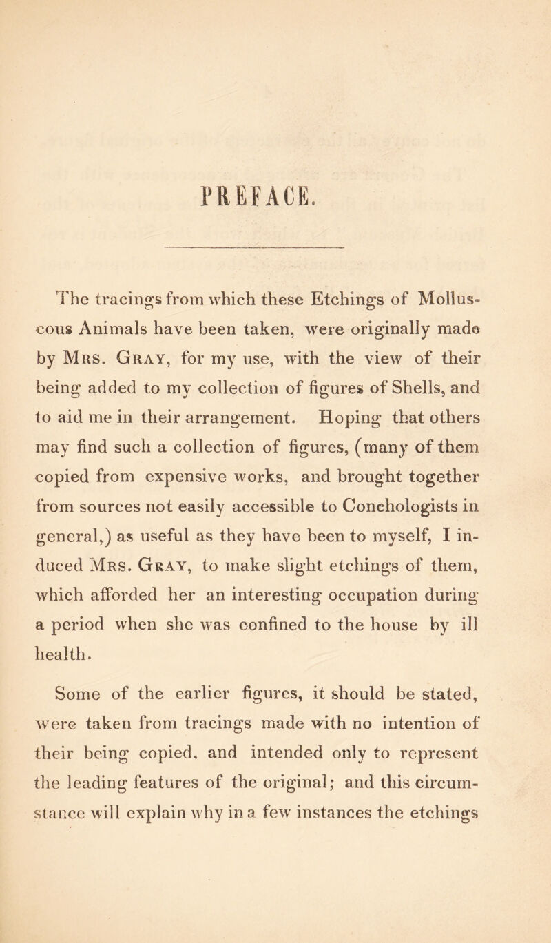 PREFACE The tracings from which these Etchings of Mollus- cous Animals have been taken, were originally mad© by Mrs. Gray, for my use, with the view of their being added to my collection of figures of Shells, and to aid me in their arrangement. Hoping that others may find such a collection of figures, (many of them copied from expensive works, and brought together from sources not easily accessible to Conchologists in general,) as useful as they have been to myself, I in- duced Mrs. Gray, to make slight etchings of them, which afforded her an interesting occupation during a period when she was confined to the house by ill health. Some of the earlier figures, it should be stated, were taken from tracings made with no intention of their being copied, and intended only to represent the leading features of the original; and this circum- stance will explain why in a few instances the etchings