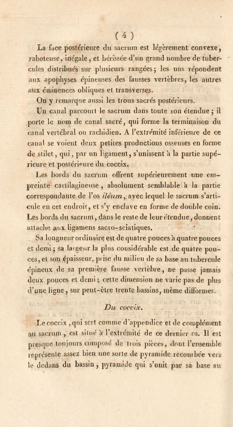 La face postérieure du sacrum est légèrement convexe, raboteuse, inégale , et hérissée d’un grand nombre de tuber¬ cules distribués sur plusieurs rangées ; les uns répondent aux apophyses épineuses des fausses vertèbres, les autres aux éminences obliques et transverses. On y remarque aussi les trous sacrés postérieurs. Un canal parcourt le sacrum dans toute son étendue j il porte le nom de canal sacré, qui forme la terminaison du canal vertébral ou rachidien. A l’extrémité inférieure de ce canal se voient deux petites productions osseuses en forme de slilet, qui, par un ligament, s’unissent a la partie supé¬ rieure et postérieure du coccix. Les bords du sacrum offrent supérieurement une em¬ preinte cartilagineuse , absolument semblable a la partie correspondante de l’os ilèum, avec lequel le sacrum s’arti¬ cule en cet endroit, et s’y enclave en forme de double coin. Les bords du sacrum, dans le reste de leur étendue, donnent attache aux ligamens sacro-sciatiques. Sa longueur ordinaire est de quatre pouces a quatre pouces et demi ; sa laigeur la plus considérable est de quatre pou¬ ces, et son épaisseur, prise du milieu de sa base au tubercule e’pineux de sa première fausse vertèbre, ne passe jamais deux pouces et demi ; celte dimension ne varie pas de plus d’une ligne, sur peut-être trente bassins, même difformes. Du coccix. Le coccix , qui sert comme d'appendice et de complément an sacrum , est situé a l’extrémité de ce dernier os. Il est presque toujours composé de trois pièces, dont l’ensemble représente assez bien une sorte de pyramide recoin bée vers le dedans du bassin, pyramide qui s’unit par sa base au