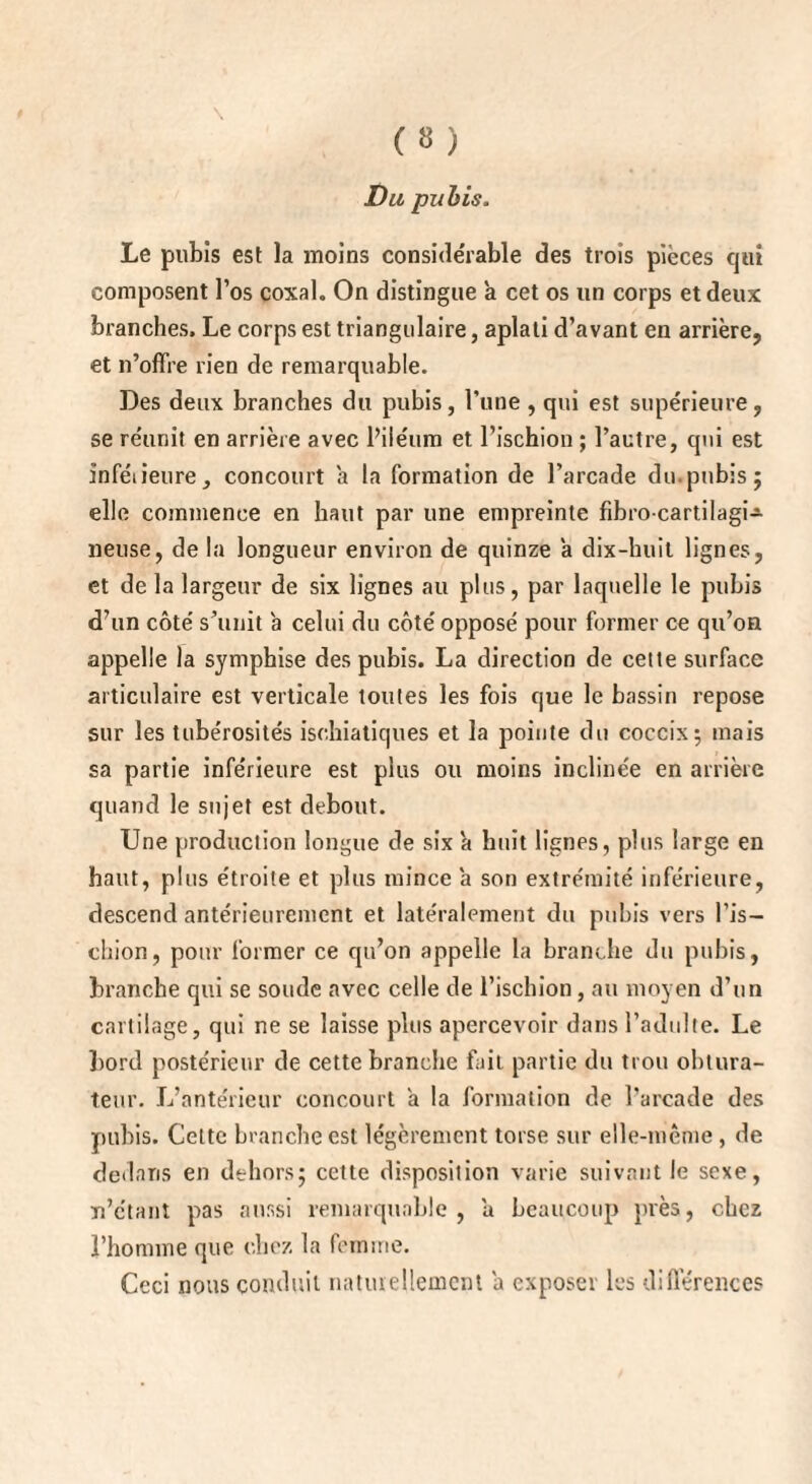 Du pubis. Le pubis est la moins considérable des trois pièces qiû composent l’os coxal. On distingue a cet os un corps et deux branches. Le corps est triangulaire, aplati d’avant en arrière, et n’offre rien de remarquable. Des deux branches du pubis, l’une , qui est supérieure, se réunit en arrière avec l’iléuro et l’ischion ; l’autre, qui est inféiieure, concourt a la formation de l’arcade du.pubis j elle commence en haut par une empreinte fibro cartilagi- neuse, de la longueur environ de quinze a dix-huit lignes, et delà largeur de six lignes au plus, par laquelle le pubis d7un côté s’unit a celui du côté opposé pour former ce qu’on appelle la symphise des pubis. La direction de cette surface articulaire est verticale toutes les fois que le bassin repose sur les tubérosités ischiatiques et la pointe du coccix; mais sa partie inférieure est plus ou moins inclinée en arrière quand le sujet est debout. Une production longue de six à huit lignes, plus large en haut, plus étroite et plus mince a son extrémité inférieure, descend antérieurement et latéralement du pubis vers l’is¬ chion, pour former ce qu’on appelle la branche du pubis, branche qui se soude avec celle de l’ischion, au moyen d’un cartilage, qui ne se laisse plus apercevoir dans l’adulte. Le bord postérieur de cette branche fait partie du trou obtura¬ teur. L’antérieur concourt a la formation de l’arcade des pubis. Celte branche est légèrement torse sur elle-même, de dedans en dehors; cette disposition varie suivant le sexe, n’étant pas aussi remarquable, a beaucoup près, chez rhonnne que chez la femme. Ceci nous conduit naturellement a exposer les différences