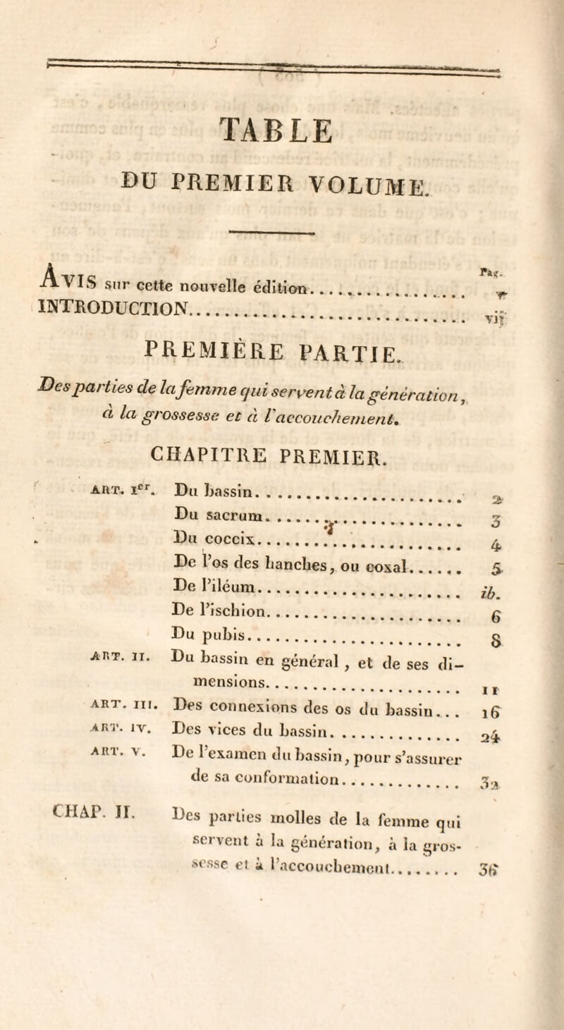 TABLE DU PREMIER VOLUME. Avis sur cette nouvelle édition. INTRODUCTION. vif PREMIÈRE PARTIE, Des parties de la femme qui servent à la génération, a la grossesse et à l accouchement. CHAPITRE PREMIER. art. ier. Du bassin. . .. Du sacrum. .. 2 % Du coccix.. . . O ù. De l’os des hanches, ou coxal. 5, De l’iléum. De l’ischion Du pubis. O & ART. II. Du bassin en général , et de ses di- O mensions. ART. III. Des connexions des os du bassin. . . 16 ART. IV. Des vices du bassin. . ART. V. De l’examen du bassin, pour s’assurer de sa conformation. 3 a CIIAP. II. Des parties molles de la femme qui servent à la génération, à la gros¬ sesse et à l’accouchement. 3tï