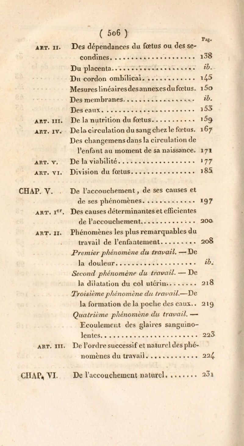 ART. III. ART. IV. ART. V. ART. VI. 5o6 ) Pag. condines... *38 Du placenta...T...... ib. Du cordon ombilical.. i4^ Mesureslinéairesdesannexesdufœtus. i5o Des membranes.. ib. Des eaux... i53 De la nutrition du fœtus. 15 9 Delà circulation du sang chez le fœtus. 167 Des changemens dans la circulation de l’enfant au moment de sa naissance. 171 De la viabilité. >77 Division du fœtus. i85. CHAP. Y. De l’accouchement, de ses causes et de ses phénomènes. 197 art. Ier. Des causes déterminantes et efficientes de l’accouchement.. 20a art. 11. Phénomènes les plus remarquables du travail de l’enfantement.. 208 Premier phénomène du travail. —De la douleur. Second phénomène du travail. — De la dilatation du col utérin. 218 Troisième phénomène du travail.—De la formation de la poche des eaux.. 219 Quatrième phénomène du travail. — Ecoulement des glaires sanguino¬ lentes. 223 art. iii. De l’ordre successif et naturel des phé¬ nomènes du travail.224 CHAP* yi. De l’accouchemcnt naturel.. 231