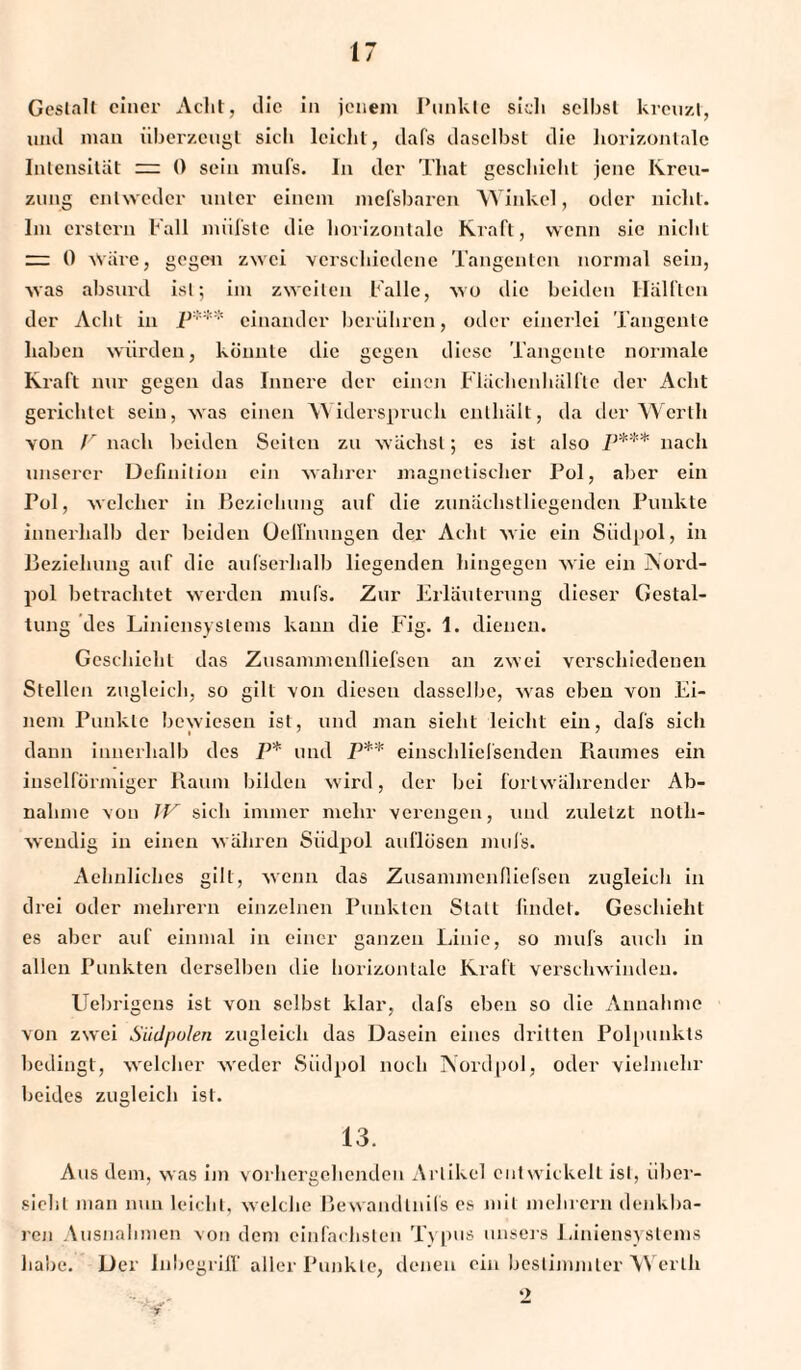 Gestalt einer Acht, die in jenem Punkte sich selbst kreuzt, und man überzeugt sich leicht, da Ts daselbst die horizontale Intensität = 0 sein mufs. In der That geschieht jene Kreu¬ zung entweder unter einem mefsbaren Winkel, oder nicht. Im erstem Fall jniifste die horizontale Kraft, wenn sic nicht “ 0 Ware, gegen zwei verschiedene Tangenten normal sein, was absurd ist; im zweiten Falle, wo die beiden Hälften der Acht in p'*** einander berühren, oder einerlei Tangente haben würden, könnte die gegen diese Tangente normale Kraft nur gegen das Innere der einen Flächenhälfle der Acht gerichtet sein, was einen Widerspruch enthält, da der Werth von tr nach beiden Seiten zu wächst; es ist also P*** nach unserer Definition ein wahrer magnetischer Pol, aber ein Pol, welcher in Beziehung auf die zunächstliegenden Punkte innerhalb der beiden Oeffnungen der Acht wie ein Südpol, in Beziehung auf die aufserlialb liegenden hingegen wie ein Nord- pol betrachtet werden mufs. Zur Erläuterung dieser Gestal¬ tung des Liniensystems kann die Fig. 1. dienen. Geschieht das ZusammenIIiefsen an zwei verschiedenen Stellen zugleich, so gilt von diesen dasselbe, was eben von Ei¬ nem Punkte bewiesen ist, und man sieht leicht ein, dafs sich dann innerhalb des P* und F** einschliefsenden Raumes ein inselförmiger Raum bilden wird, der bei fortwährender Ab¬ nahme von JV sich immer mehr verengen, und zuletzt nolli- wendig in einen wäliren Südpol auflösen mufs. Aehnliches gilt, wenn das Zusammenfliefsen zugleich in drei oder mehrern einzelnen Punkten Statt findet. Geschieht es aber auf einmal in einer ganzen Linie, so mufs auch in allen Punkten derselben die horizontale Kraft verschwinden. Uebrigcns ist von selbst klar, dafs eben so die Annahme von zwei Südpolen zugleich das Dasein eines dritten Polpunkts bedingt, welcher weder Südpol noch Nordpol, oder vielmehr beides zugleich ist. 13. Aus dem, was im vorhergehenden Artikel entwickelt ist, über¬ sieht man nun leicht, welche Bewandlnifs es mit mehrern denkba¬ ren Ausnahmen von dem einfachsten Typus unsers Liniensystems habe. Der Inbegriff aller Punkte, denen ein bestimmter Werth