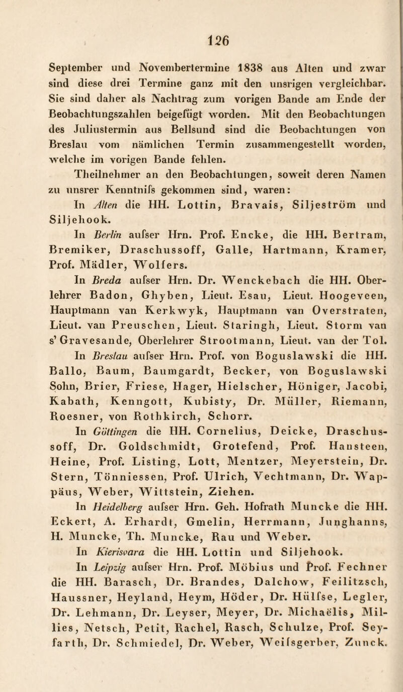 September und Novembertermine 1838 aus Alten und zwar sind diese drei Termine ganz mit den unsrigen vergleichbar. Sie sind daher als Nachtrag zum vorigen Bande am Ende der ßeobachtuugszahlen beigefügt worden. Mit den Beobachtungen des Juliustermin aus Bellsund sind die Beobachtungen von Breslau vom nämlichen Termin zusammengeslellt worden, welche im vorigen Bande fehlen. Theilnelimer an den Beobachtungen, soweit deren Namen zu unsrer Kenntnifs gekommen sind, waren: In Allen die HH. Lottin, Bravais, Siljestrüm und Siljeliook. In Berlin aufser Ilrn. Prof. Encke, die HH. Bertram, Bremiker, Draschussoff, Galle, Hartmann, Kramer, Prof. Mädler, Wolfers. In Breda aufser Hrn. Dr. Wenckebach die HH. Ober¬ lehrer Badon, Ghyben, Lieut. Esau, Lieut. Hoogeveen, Hauptmann van Kerkwyk, Hauptmann van Overstraten, Lieut. van Preuschen, Lieut. Staringh, Lieut. Storni van s’ Gravesande, Oberlehrer Strootmann, Lieut. van der Toi. In Breslau aufser Hrn. Prof, von Boguslawski die HH. Ballo, Baum, Baumgardt, Becker, von Boguslawski Sohn, Brier, Friese, Hager, Hielscher, Hüniger, Jacobi, Kabatli, Kenngott, Kubisty, Dr. Müller, Riemanu, Roesner, von Rotlikirch, Schorr. In Güttingen die IIH. Cornelius, Deicke, Draschus¬ soff, Dr. Goldschmidt, Grotefend, Prof. Hausteen, Heine, Prof. Listiug, Lott, Mentzer, Meyersteiu, Dr. Stern, Tönniessen, Prof. Ulrich, Yechtmaun, Dr. Wap- paus, Weber, Wiltstein, Ziehen. ln Heidelberg aufser Hrn. Geh. Hofratli Muncke die I1H. Eckert, A. Erliardt, Gmelin, Herrmann, Junghanns, H. Muncke, Th. Muncke, Rau und Weber. In Kierisvara die HH. Lottin und Siljeliook. In Leipzig aufser Hrn. Prof. Möbius und Prof. Rechner die HH. Barascli, Dr. Brandes, Dalchow, Feilitzsch, Haussner, Heyland, Heym, Höder, Dr. Hülfse, Legier, Dr. Lehmann, Dr. Leyser, Meyer, Dr. Michaelis, Mil¬ lies, Netsch, Petit, Rachel, Rasch, Schulze, Prof. Sey- fartli, Dr. Schmiede], Dr. Weber, Weilsgerber, Zunck.