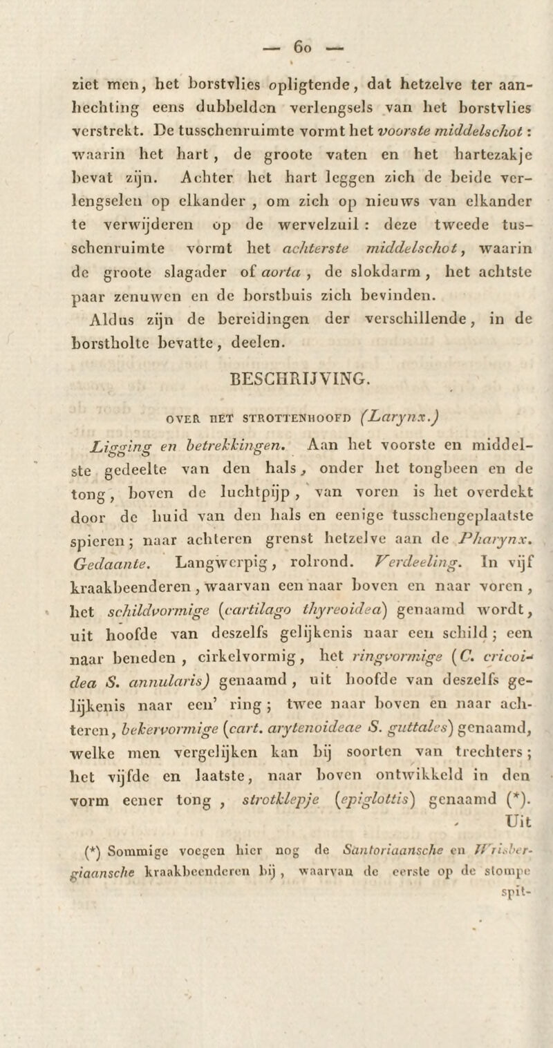 ziet men, het borstvlies opligtende, dat hetzelve ter aan¬ hechting eens dubbelden verlengsels van het borstvlies verstrekt. De tusschenruimte vormt het voorste middelschot : waarin het hart , de groote vaten en het hartezakje bevat zijn. Achter het hart leggen zich de beide ver- lengselen op elkander , om zich op nieuws van elkander te verwijderen op de wervelzuil : deze tweede tus¬ schenruimte vormt het achterste middelschot, waarin de groote slagader of aorta , de slokdarm , het achtste paar zenuwen en de horsthuis zich bevinden. Aldus zijn de bereidingen der verschillende, in de borstholte bevatte, deelen. BESCHRIJVING. over nET strottenhoofd (Larynx.) Living en betrekkingen. Aan het voorste en middel- ste gedeelte van den hals, onder het tongbeen en de tong, boven de luchtpijp, van voren is het overdekt door de huid van den hals en eenige tusschengeplaatste spieren; naar achteren grenst hetzelve aan de Pharynx. Gedaante. Langwerpig, rolrond. Verdeeling. In vijf kraakbeenderen , waarvan een naar boven en naar voren , liet schildvormige (cartilago thyreoidea) genaamd wordt, uit hoofde van deszelfs gelijkenis naar een schild ; een naar beneden, cirkelvormig, het ringvormige (C. cricoi-< dea S. annularis) genaamd, uit hoofde van deszelfs ge¬ lijkenis naar een’ ring ; twee naar boven en naar ach¬ teren, bekervormige (part. arytenoideae S. guttalcs) genaamd, welke men vergelijken kan bij soorten van trechters; het vijfde en laatste, naar boven ontwikkeld in den vorm eener tong , strotklepje (epiglottis) genaamd (*). Uit (*) Sommige voegen hier nog de Santoriaansche en ll'risber- giaansche kraakbeenderen bij, waarvan de eerste op de stompe spit-