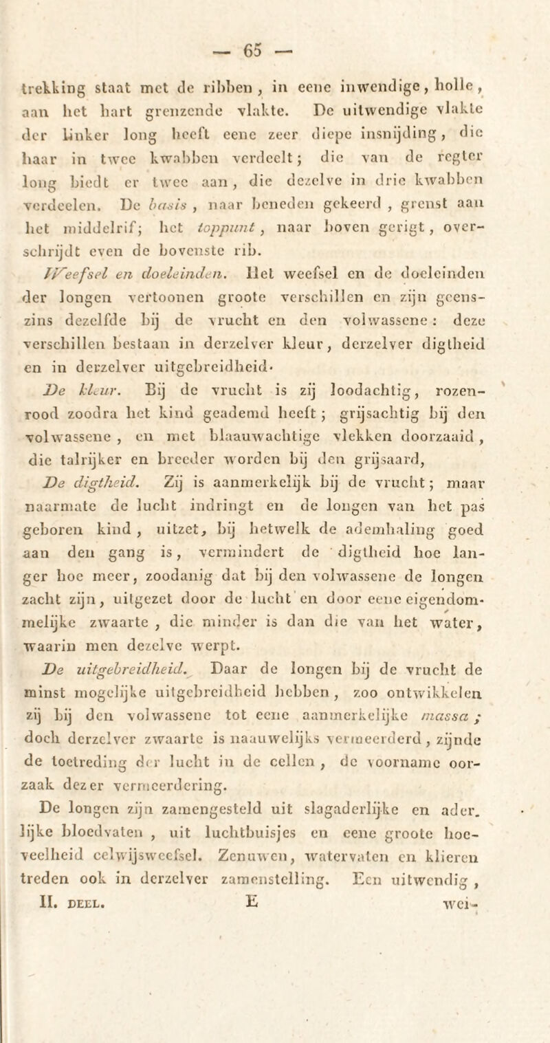 trekking staat met de ribben, in eeiic inwendige, holle, aan liet hart grenzende vlakte. De uitwendige vlakte der linker long heeft eene zeer diepe insnijding, die haar in twee kwabben verdeelt; die van de regter long biedt er twee aan, die dezelve in drie kwabben verdeden. De bonis , naar beneden gekeerd , grenst aan het middelrif; het toppunt, naar boven gcrigt, over¬ schrijdt even de bovenste rib. U^eefsel en doeleinden, liet weefsel en de doeleinden der longen vertoonen groote verschillen en zijn geens¬ zins dezelfde hij de vrucht en den volwassene : deze verschillen bestaan in derzelver kleur, derzelver digtheid en in derzelver uitgebreidheid* De kleur. Eij de vrucht is zij loodachtig, rozen¬ rood zoodra liet kind geademd heeft ; grijsachtig bij den volwassene , en met blaauwachtige vlekken doorzaaid , die talrijker en breeder worden bij den grijsaard, De digtheid. Zij is aanmerkelijk bij de vrucht; maar naarmate de lucht indringt en de longen van het pas geboren kind , uitzet, bij hetwelk de ademhaling goed aan den gang is, vermindert de digtheid hoe lan¬ ger hoe meer, zoodanig dat bij den volwassene de longen zacht zijn, uitgezet door de lucht en dooreeneeigendom¬ melijke zwaarte , die minder is dan die van het water, waarin men dezelve werpt. De uitgebreidheid. Daar de longen bij de vrucht de minst mogelijke uitgebreidheid hebben , zoo ontwikkelen zij bij den volwassene tot eene aanmerkelijke massa ; doch derzelver zwaarte is naauwelijks vermeerderd , zijnde de toetreding d< r lucht in de cellen, de voorname oor¬ zaak dezer vermeerdering. De longen zijn zamengesteld uit slagaderlijke en ader. lijke bloedvaten , uit luchtbuisjes en eene groote hoe¬ veelheid celwijsweefsel. Zenuwen, watervaten en klieren treden ook in derzelver zamonstclling. Een uitwendig , II. deel. E wei-