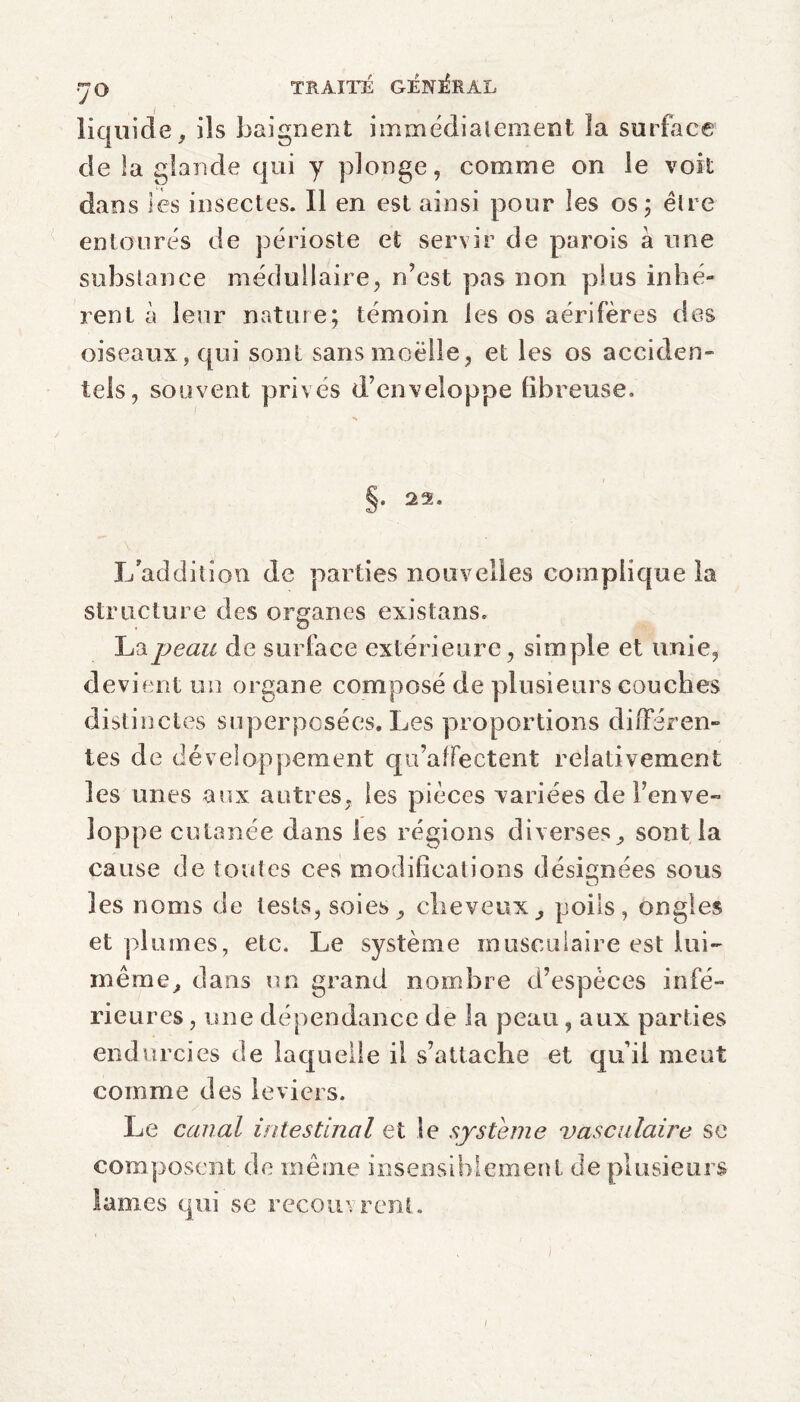 liquide, ils baignent immédiatement la surface de la glande qui y plonge, comme on le voit dans les insectes. Il en est ainsi pour les os ; être entourés de périoste et servir de parois a une substance médullaire, n’est pas non plus inhé¬ rent à leur nature; témoin les os aérifères des oiseaux, qui sont sans moelle, et les os acciden¬ tels, souvent privés d’enveloppe fibreuse. N S* L’addition de parties nouvelles complique la structure des organes existans. La peau de surface extérieure, simple et unie, devient un organe composé de plusieurs couches distinctes superpesées. Les proportions différen¬ tes de développement qu’affectent relativement les unes aux autres, les pièces variées de l’enve¬ loppe cutanée dans les régions diverses, sont la cause de toutes ces modifications désignées sous les noms de tests, soies, cheveux, poils, ongles et plumes, etc. Le système musculaire est lui- même, dans un grand nombre d’espèces infé¬ rieures , une dépendance de la peau, aux parties endurcies de laquelle il s’attache et qcfii meut comme des leviers. Le canal intestinal et le système vasculaire se composent de même insensiblement de plusieurs lames qui se recouvrent. j