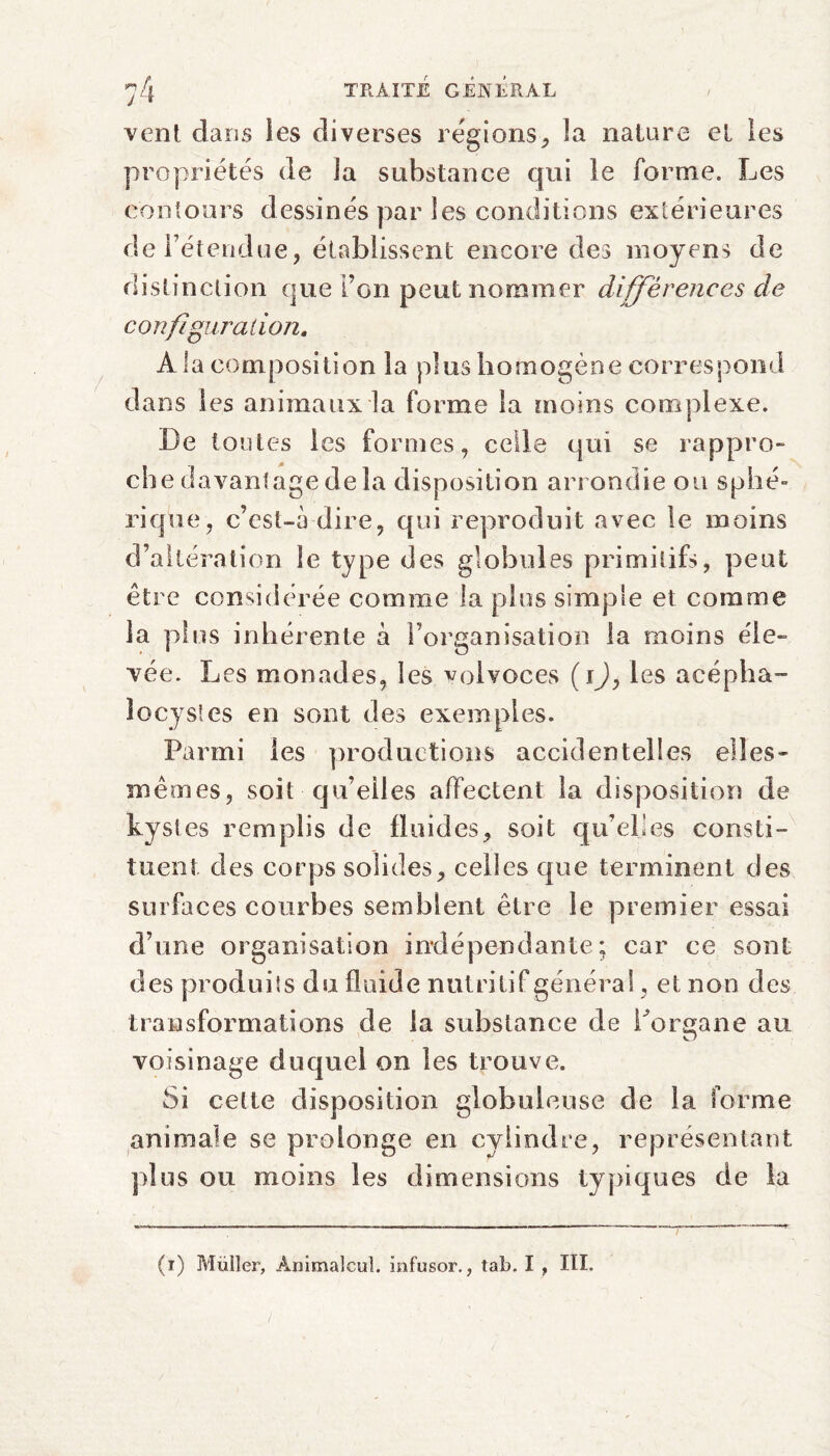 vent dans les diverses régions, îa nature el les propriétés de îa substance qui le forme. Les contours dessinés par îes conditions extérieures de l’étendue, établissent encore des moyens de distinction que i’on peut nommer differences de configura! ion. A la composition la plus homogène correspond dans les animaux la forme la moins complexe. De toutes les formes, celle qui se rappro¬ che davantage de la disposition arrondie ou sphé¬ rique, c’est-à-dire, qui reproduit avec le moins d’altération le type des globules primitifs, peut être considérée comme la plus simple et comme la plus inhérente à l’organisation la moins éle¬ vée. Les monades, les volvoces (i), les acépha- îocysles en sont des exemples. Parmi les productions accidentelles elles- mêmes, soit qu’elles affectent la disposition de kystes remplis de fluides, soit qu’elles consti¬ tuent des corps solides, celles que terminent des surfaces courbes semblent être le premier essai d’une organisation indépendante; car ce sont des produits du fluide nutritif général, et non des transformations de la substance de Lorgane au voisinage duquel on les trouve. Si celte disposition globuleuse de la forme animale se prolonge en cylindre, représentant plus ou moins les dimensions typiques de la (i) Müller, Animalcul. infuser., tab. I , III.