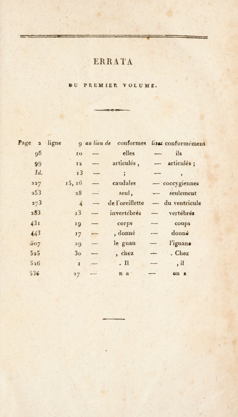 ERRATA »u PREMIER VOLUME. ige a ligne 9 au lieu de conformes lista conformément 96 10 — elles — ils 99 12 — articulés , ■— articulés ; Ici i3 — • > — y 227 i5, 16 — caudales — coccygiennes a53 28 — seul, — seulement a73 4 — de 1 oreillette — du ventricule 233 i3 — invertébrés — vertébrés 43i 19 — corps — coups 443 J7 — , donné •— donné 007 29 — le guan — l’iguane 5a5 3o — , chez — . Chez 326 1 — . Il — ,il 536 27 -— n a — en sl