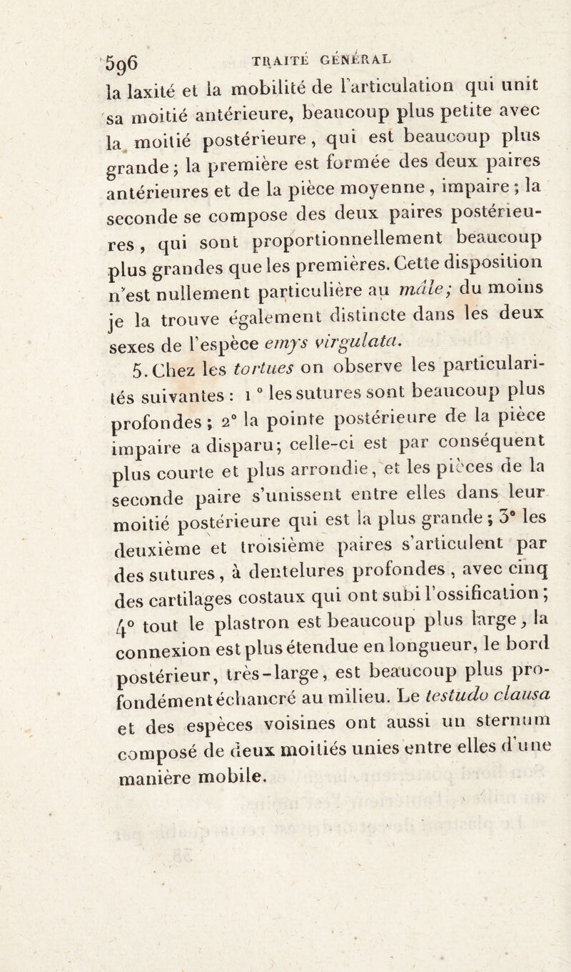 la laxiié et ia mobilité de l’articulation qui unit sa moitié antérieure, beaucoup plus petite avec la moitié postérieure, qui est beaucoup plus grande ; la première est formée des deux paires antérieures et de la piece moyenne , impaire ; la seconde se compose des deux paires postérieu¬ res , qui sont proportionnellement beaucoup plus grandes que les premières. Cette disposition nvest nullement particulière au mâle; du moins je ia trouve également distincte dans les deux sexes de l’espece emys virgulcitci. 5.Chez les tortues on observe les particulari¬ tés suivantes : 10 les sutures sont beaucoup plus profondes ; 2° la pointe postérieure de la pièce impaire a disparu; celle-ci est par conséquent plus courte et plus arrondie, et les pièces de la seconde paire s unissent entre elles dans leur moitié postérieure qui est la plus grande ; 3° les deuxième et troisième paires s’articulent par des sutures, à dentelures profondes , avec cinq des cartilages costaux qui ont subi l’ossification ; 4° tout le plastron est beaucoup plus large, la connexion est plus étendue en longueur, le bord postérieur, très-large, est beaucoup plus pro¬ fondément échancré au milieu. Le testudo clausa et des espèces voisines ont aussi un sternum composé de deux moitiés unies entre elles d’une manière mobile.