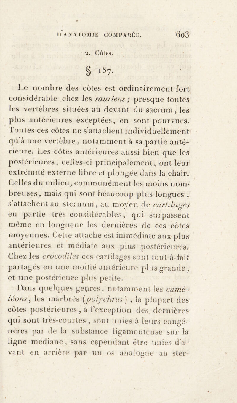 DAN ATOM JE COMPAREE. 2. Côtes. §• i87- Le nombre des côtes est ordinairement fort considérable chez les sauriens ; presque toutes les vertèbres situées au devant du sacrum, les plus antérieures exceptées, en sont pourvues. Toutes ces côtes ne s'attachent individuellement qu’à une vertèbre, notamment à sa partie anté¬ rieure. Les côtes antérieures aussi bien que les postérieures, celles-ci principalement, ont leur extrémité externe libre et plongée dans la chair. Celles du milieu^ communément les moins nom¬ breuses^ mais qui sont beaucoup plus longues , s’attachent au sternum, au moyen de cartilages en partie très-considérables, qui surpassent même en longueur les dernières de ces côtes moyennes. Cette attache est immédiate aux plus antérieures et médiate aux plus postérieures. Chez les crocodiles ces cartilages sont tout-à-fait partagés en une moitié antérieure plus grande, et une postérieure plus petite. Dans quelques genres, notamment les camé¬ léons, les marbrés (poljchrus) , la plupart, des côtes postérieures, à l’exception des. dernières qui sont très-courtes , sont unies à leurs congé¬ nères par de la substance ligamenteuse sur la ligne médiane, sans cependant être unies d’a¬ vant en arrière par un os analogue au ster-