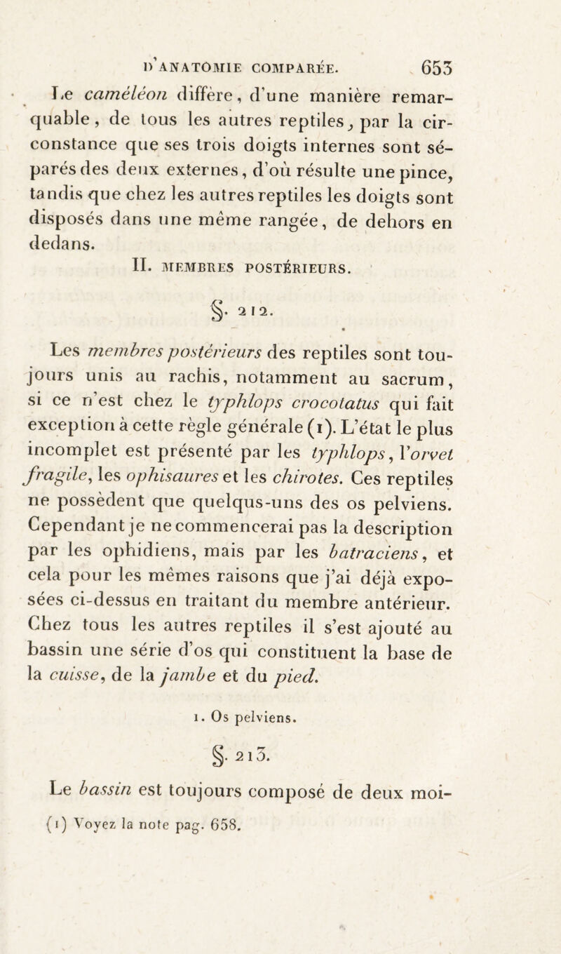 Le caméléon diffère, d une manière remar¬ quable, de tous les autres reptiles, par la cir¬ constance que ses trois doigts internes sont sé¬ parés des deux externes, d’où résulte une pince, tandis que chez les autres reptiles les doigts sont disposés dans une meme rangée, de dehors en dedans. II. MEMBRES POSTÉRIEURS. Les membres postérieurs des reptiles sont tou¬ jours unis au rachis, notamment au sacrum, si ce n’est chez le tjphlops crocotatus qui fait exception à cette règle générale (i). L’état le plus incomplet est présenté par les typhlops, Xorvet fragile, les ophisaures et les chirotes. Ces reptiles ne possèdent que quelqus-uns des os pelviens. Cependant je ne commencerai pas la description par les ophidiens, mais par les batraciens, et cela pour les memes raisons que j’ai déjà expo¬ sées ci-dessus en traitant du membre antérieur. Chez tous les autres reptiles il s’est ajouté au bassin une série d’os qui constituent la hase de la cuisse, de la jambe et du pied. i. Os pelviens. Le bassin est toujours composé de deux moi- (i) Voyez la note pag. 658.