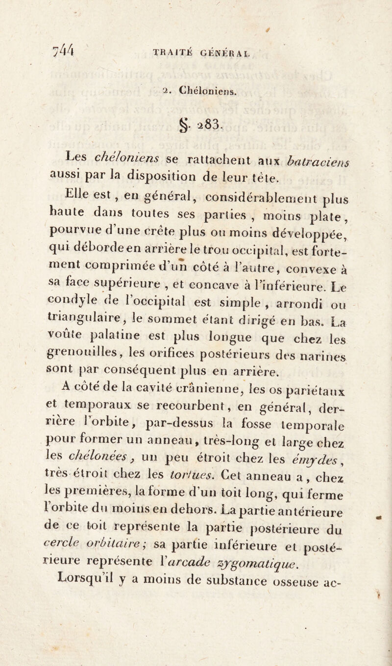 ‘2. Chélonieus. §. *283. Les chêioniens se rattachent aux batraciens aussi par la disposition de leur tête. Elle est , en général, considérablement plus haute dans toutes ses parties , moins plate, pourvue d une crête plus ou moins développée, qui déborde en arrière le trou occipital, est forte¬ ment comprimée d’un côté à l’autre, convexe à sa face supérieure , et concave à l’inférieure. Le condyle de l’occipital est simple , arrondi ou triangulaire> le sommet étant dirigé en bas. La voûte palatine est plus longue que chez les grenouilles, les orifices postérieurs des narines sont par consequent plus en arrière. A côté de la cavité crânienne, les os pariétaux et temporaux se recourbent, en général, der¬ rière for bite, par-dessus la fosse temporale pour former un anneau, très-long et large chez les chelonees, un peu étroit chez les émy des, très étroit chez les tortues. Cet anneau a, chez les premières, la forme d’un toit long, qui ferme l’orbite du moins en dehors. La partie antérieure de ce toit représente la partie postérieure du cercle orbitaire; sa partie inférieure et posté¬ rieure représente Xarcade zygomatique. Lorsqu’il y a moins de substance osseuse ac-