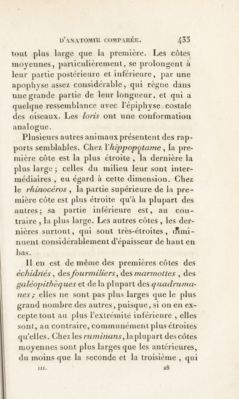 tout plus large que la première. Les côtes moyennes, particulièrement, se prolongent à leur partie postérieure et inférieure, par une apophyse assez considérable, qui règne dans une grande partie de leur longueur, et qui a quelque ressemblance avec l’épiphyse costale des oiseaux. Les loris ont une conformation analogue. Plusieurs autres animaux présentent des rap¬ ports semblables. Chez Yhippopytame, la pre¬ mière côte est la plus étroite , la dernière la plus large ; celles du milieu leur sont inter¬ médiaires , eu égard à cette dimension. Chez le rhinocéros , la partie supérieure de la pre¬ mière côte est plus étroite qu’à la plupart des autres; sa partie inférieure est, au con¬ traire , la plus large. Les autres côtes , les der¬ nières surtout, qui sont très-étroites, cRmi- nuent considérablement d’épaisseur de haut en bas. il en est de même des premières côtes des échidnés, des fourmiliers, des marmottes , des galéop ithèq ues et de la plupart des quadruma¬ nes ; elles ne sont pas plus larges que le plus grand nombre des autres, puisque, si on en ex¬ cepte tout au plus l’extrémité inférieure , elles sont, au contraire, communément plus étroites qu’ ell es. Chez les ruminans, la plupart des côtes moyennes sont plus larges que les antérieures, du moins que la seconde et la troisième , qui 28 in.