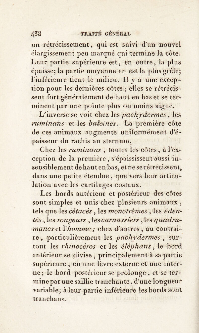 nn rétrécissement, qui est suivi d’un nouvel élargissement peu marqué qui termine la côte. Leur partie supérieure est, en outre, la plus épaisse; la partie moyenne en est la plus grêle; l’inférieure tient le milieu. 11 y a une excep¬ tion pour les dernières côtes ; elles se rétrécis¬ sent fort généralement de haut en bas et se ter¬ minent par une pointe plus ou moins aiguë. L’inverse se voit chez les pachydermes, les ruminans et les haleines. La première côte de ces animaux augmente uniformément d’é¬ paisseur du rachis au sternum. Chez les ruminans , toutes les côtes, à l’ex¬ ception de la première , s’épaississent aussi in¬ sensiblement de haut en bas, et ne se rétrécissent^ dans une petite étendue, que vers leur articu¬ lation avec les cartilages costaux. Les bords antérieur et postérieur des côtes sont simples et unis-chez plusieurs animaux, tels que les cétacés , les monotrèmes , les éden¬ tés , les rongeurs , les carnassiers , les quadru¬ manes cl l’homme ; chez d’autres , au contrai¬ re , particulièrement les pachydermes , sur¬ tout les rhinocéros et les èléphans, le bord antérieur se divise , principalement à sa partie supérieure , en une lèvre externe et une inter¬ ne; le bord postérieur se prolonge , et se ter¬ mine par une saillie tranchante, d’une longueur variable; à leur partie inférieure les bords sont tranchans.