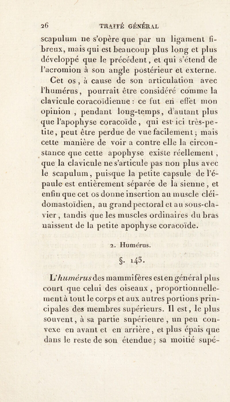 scapulum ne s’opère que par un ligament fi¬ breux, mais qui est beaucoup plus long et plus développé que le précédent, et qui s'étend de Pacromion à son angle postérieur et externe. Cet os , à cause de son articulation avec l’humérus, pourrait être considéré comme la clavicule coracoïdienne : ce fut eii effet mon opinion , pendant long-temps, d autant plus que l’apophyse coracoïde, qui est’ici très-pe¬ tite, peut être perdue de vue facilement ; mais cette manière de voir a contre elle la circon¬ stance que cette apophyse existe réellement , que la clavicule ne s’articule pas non plus avec le scapulum, puisque la petite capsule de l’é¬ paule est entièrement séparée de la sienne, et enfin que cet os dorme insertion au muscle cléi- domastoïdien, au grand pectoral et au sous-cla¬ vier , tandis que les muscles ordinaires du bras naissent de la petite apophyse coracoïde. 2. Humérus. §. i43* L’humérus des mammifères est en général plus court que celui des oiseaux , proportionnelle¬ ment à tout le corps et aux autres portions prin¬ cipales des membres supérieurs. Il est, le plus souvent, à sa partie supérieure , un peu con¬ vexe en avant et en arrière , et plus épais que dans le reste de son étendue ; sa moitié supé-