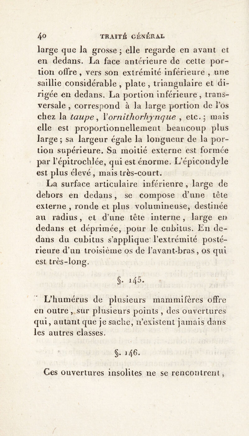 large que la grosse ; elle regarde en avant et en dedans. La face antérieure de cette por¬ tion offre , vers son extrémité inférieure , une saillie considérable , plate , triangulaire et di¬ rigée en dedans. La portion inférieure, trans¬ versale , correspond à la large portion de l’os chez la taupe , Fornithorhjnque , etc. 5 mais elle est proportionnellement beaucoup plus large ; sa largeur égale la longueur de la por¬ tion supérieure. Sa moitié externe est formée par F épitrochlée, qui est énorme. L’épicondyle est plus élevé, mais très-court. La surface articulaire inférieure , large de dehors en dedans, se compose d’une tête externe , ronde et plus volumineuse, destinée au radius, et d’une tête interne, large en dedans et déprimée, pour le cubitus. E11 de¬ dans du cubitus s’applique l’extrémité posté¬ rieure d’un troisième os de l’avant-bras, os qui est très-long. §• L’humérus de plusieurs mammifères offre en outre, sur plusieurs points , des ouvertures qui, autant que je sache, n’existent jamais dans les autres classes. §. j 46. Ces ouvertures insolites ne se rencontrent,