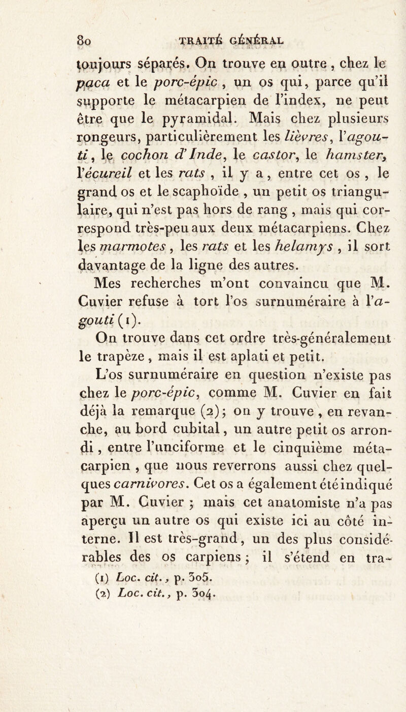 toujours séparés. On trouve en outre , chez le pQca et le porc-épic , un os qui, parce qu'il supporte le métacarpien de l’index, ne peut être que le pyramidal. Mais chez plusieurs rongeurs, particulièrement les lièvres, 1’agou¬ ti , le cochon d’Inde, le castor, le hamster, Yécureil et les rats , il y a, entre cet os , le grand os et le scaphoïde , un petit os triangu¬ laire, qui n’est pas hors de rang , mais qui cor¬ respond très-peu aux deux métacarpiens. Chez les marmotes , les rats et les helamys , il sort davantage de la ligne des autres. Mes recherches m’ont convaincu que M. Cuvier refuse à tort l’os surnuméraire à Ya- gouti (i). On trouve dans cet ordre très-généralement le trapèze , mais il est aplati et petit. L’os surnuméraire en question n’existe pas chez le porc-épic, comme M. Cuvier en fait déjà la remarque (2); on y trouve , en revan¬ che, au bord cubital, un autre petit os arron¬ di , entre i’unciforme et le cinquième méta¬ carpien , que nous reverrons aussi chez quel¬ ques carnivores. Cet os a également été indiqué par M. Cuvier ; mais cet anatomiste n’a pas aperçu un autre os qui existe ici au côté in¬ terne. Il est très-grand, un des plus considé¬ rables des os carpiens ; il s’étend en tra- (1) Loc. ci(., p. 5o5. (2) Loc.cit., p. 304.