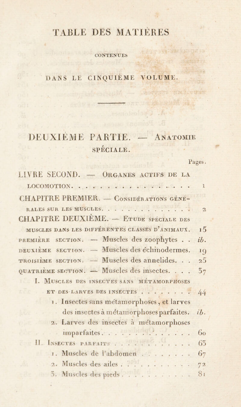 TABLE DES MATIÈRES CONTENUES DANS LE CINQUIÈME VOLUME. DEUXIÈME PARTIE. — Anatomie SPÉCIALE. Pages. LIVKE SECOND. — Organes actifs de la LOCOMOTION. 1 CHAPITRE PREMIER. — Considérations géné¬ rales SUR LES MUSCLES. 2 CHAPITRE DEUXIÈME. — Étude spéciale des MUSCLES DANS LES DIFFÉRENTES CLASSES d’anIMAUX. i5 PREMIERE SECTION. — Musclcs dcs zoophytcs . . ib. DEUXIEME SECTION. — Musclcs dcs ëcliiiiodermes. 19 TROISIÈME SECTION. — Musclcs dcs annclides. . . 25 QUATRIEME SECTION. — Miisclcs dcs inscctes. ... 57 I. Muscles des insectes sans métamorphoses ET DES LARVES DES INSECTES.44 1. Insectes sans métamorphoses , et larves des insectes à métamorphoses parfaites, ih- 2,, Larves des insectes à métamorphoses imparfaites.'. 6o II. Insectes parfaits . . . , .. 65 1. Muscles do Pahdomcn.67 2. Muscles des ailes. 72 5. Muscles des pieds. 81