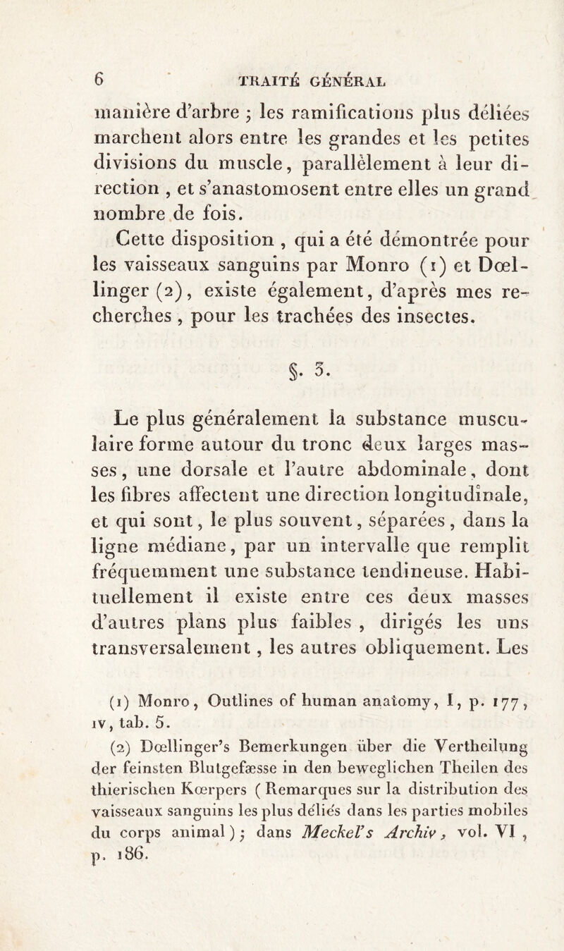 manière d’arbre ^ les ramifications plus déliées marchent alors entre les grandes et les petites divisions du muscle, parallèlement à leur di¬ rection , et s’anastomosent entre elles un grand nombre de fois. Cette disposition , qui a été démontrée pour les vaisseaux sanguins par Monro (î) et Doel- linger(2), existe également, d’après mes re¬ cherches , pour les trachées des insectes. §. 3. Le plus généralement la substance muscu-^ îaire forme autour du tronc deux larges mas¬ ses , une dorsale et l’autre abdominale, dont les fibres affectent une direction longitudinale, et qui sont, le plus souvent, séparées , dans la lig ne médiane, par un intervalle que remplit fréquemment une substance tendineuse. Habi¬ tuellement il existe entre ces deux masses d’autres plans plus faibles , dirigés les uns transversalement, les autres obliquement. Les (1) Monro, Outlines of human anatomy, I, p. 177, IV, lab. 5. (2) Doellinger’s Bemerkungen iiber die Vertheilung der feinsten Blutgefæsse in den bewegliclien Theilen des thierischen Kœrpers ( Remarques sur la distribution des vaisseaux sanguins les plus dëlie's dans les parties mobiles du corps animal ) ,• dans Meckel’s Archiv, vol. VI , p. 186.