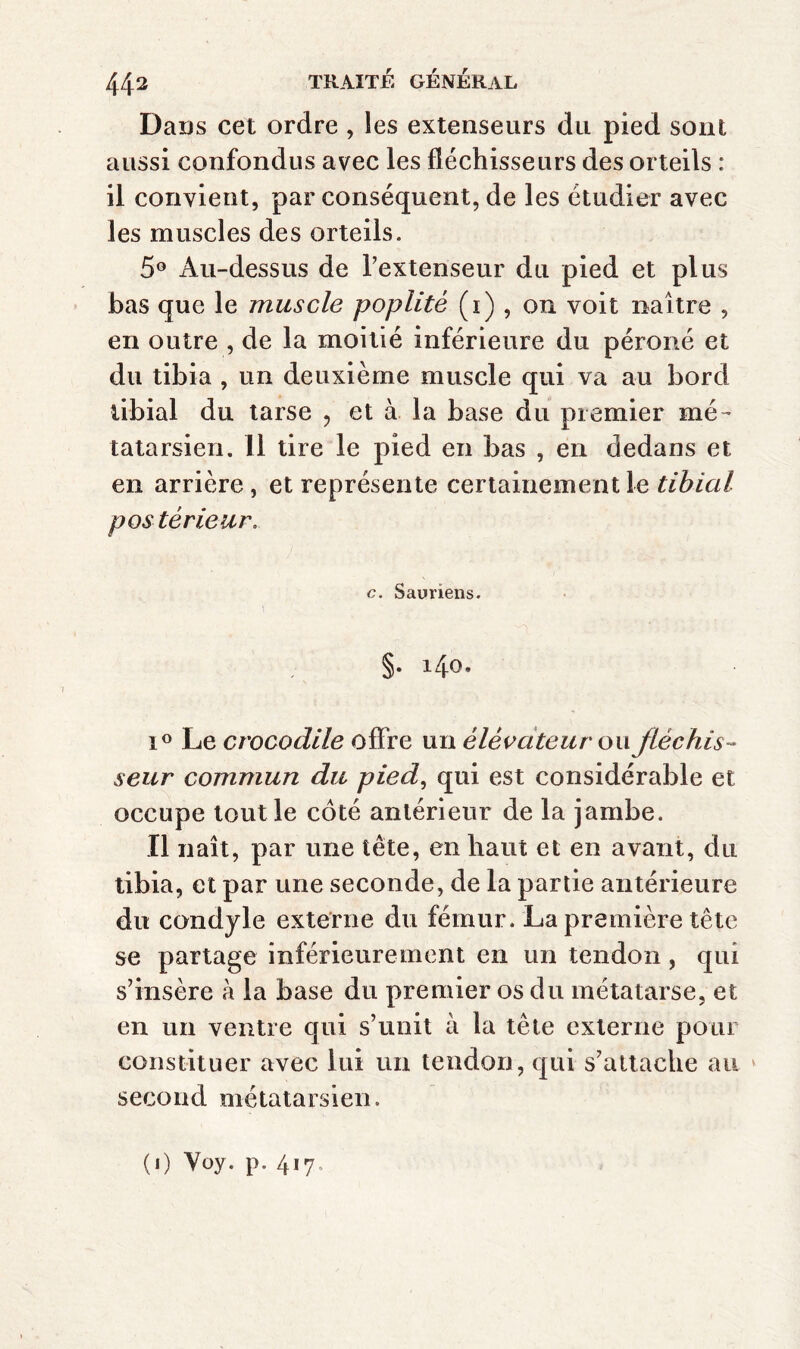 Daus cet ordre , les extenseurs du pied sont aussi confondus avec les fléchisseurs des orteils : il convient, par conséquent, de les étudier avec les muscles des orteils. 5® Au-dessus de l’extenseur du pied et plus bas que le muscle poplité (i) , on voit naître , en outre , de la moitié inférieure du péroné et du tibia , un deuxième muscle qui va au bord tibial du tarse , et à la base du premier mé¬ tatarsien. 11 tire le pied en bas , en dedans et en arrière, et représente certainement le tibial pos térieur. c. Sauriens. §. i4o. 1® Le crocodile offre un élévateur o\i fléchis¬ seur commun du pied, qui est considérable et occupe tout le côté antérieur de la jambe. Il naît, par une tête, en haut et en avant, du tibia, et par une seconde, de la partie antérieure du condyle externe du fémur. La première tête se partage inférieurement en un tendon, qui s’insère à la base du premier os du métatarse, et en un ventre qui s’unit à la tête externe pour constituer avec lui un tendon, qui s’attache au ‘ second métatarsien. (i) Voy. p. 417.