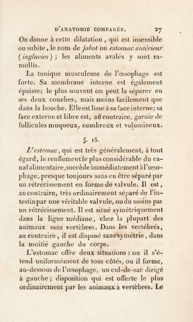 On donne à cette dilatation , qui est insensible ou subite , le nom de jabot ou estomac antérieur (ingluvies) ; les aliments avalés y sont ra¬ mollis. La tunique musculeuse de l’œsophage est forte. Sa membrane interne est également épaisse; le plus souvent on peut la séparer en ses deux couches, mais moins facilement que dans la bouche. Elleest lisse à sa face interne; sa face externe et libre est, aû contraire, garnie de follicules muqueux,, nombreux et volumineux. S- i5. L3estomac, qui est très généralement, atout égard, le renflement le plus considérable du ca¬ nal alimentaire,succède immédiatement àl’œso- phage, presque toujours sans en être séparé par un rétrécissement en forme de valvule. Il est, au contraire, très ordinairement séparé de l’in¬ testin par une véritable valvule, ou du moins pai lin rétrécissement. Il est situé symétriquement dans la ligne médiane, chez la plupart des animaux sans vertèbres. Dans les vertébrés, au contraire , il est disposé sans symétrie , dans la moitié gauche du corps. L’estomac offre deux situations ; ou il s’é¬ tend uniformément de tous côtés, ou il forme, au-dessous de l’œsophage, un cul-de-sac dirigé à gauche ; disposition qui est offerte le plus ordinairement par les animaux à vertèbres. Le