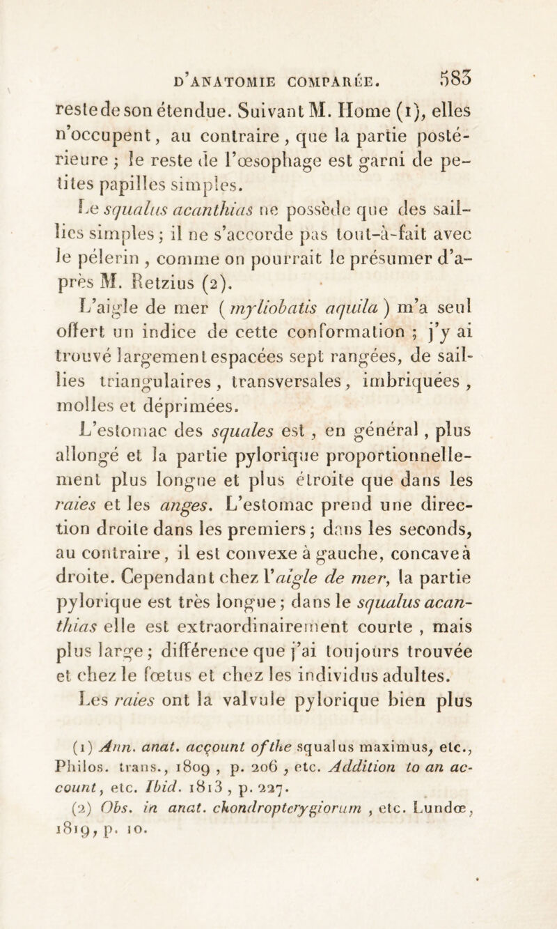 restede son étendue. Suivant M. Home (i), elles n’occupent, au contraire, que la partie posté¬ rieure ; le reste de l’œsophage est garni de pe¬ tites papilles simples. Le s q ua lus acanthia s ne possède que des sail¬ lies simples; il ne s’accorde pas tout-à-fait avec le pèlerin , comme on pourrait le présumer d’a¬ près M. Retzius (2). L’aigle de mer (myliobatis aquila) m’a seul offert un indice de cette conformation ; j’y ai trouvé largement espacées sept rangées, de sail¬ lies triangulaires , transversales , imbriquées , molles et déprimées. L’estomac des squales est , en général , plus allongé et la partie pylorique proportionnelle¬ ment plus longue et plus étroite que dans les raies et les anges. L’estomac prend une direc¬ tion droite dans les premiers; dans les seconds, au contraire, il est convexe à gauche, concave à droite. Cependant chez Xaigle de mer, la partie pylorique est très longue; dans le squalusacan- thias elle est extraordinairement courte , mais plus large; différence que j’ai toujours trouvée et chez le fœtus et chez les individus adultes. Les raies ont la valvule pylorique bien plus (1) Ann. anat. aeçount of the squalus maximus, etc., Philos. Dans., 1809 , p. 206 , etc. Addition to an ac¬ count, etc. Ibid. 1B13 , p. 227. (2) Obs. in anat. ckondroptcrygiorum , etc. Lundoe, 1819, p. JO.