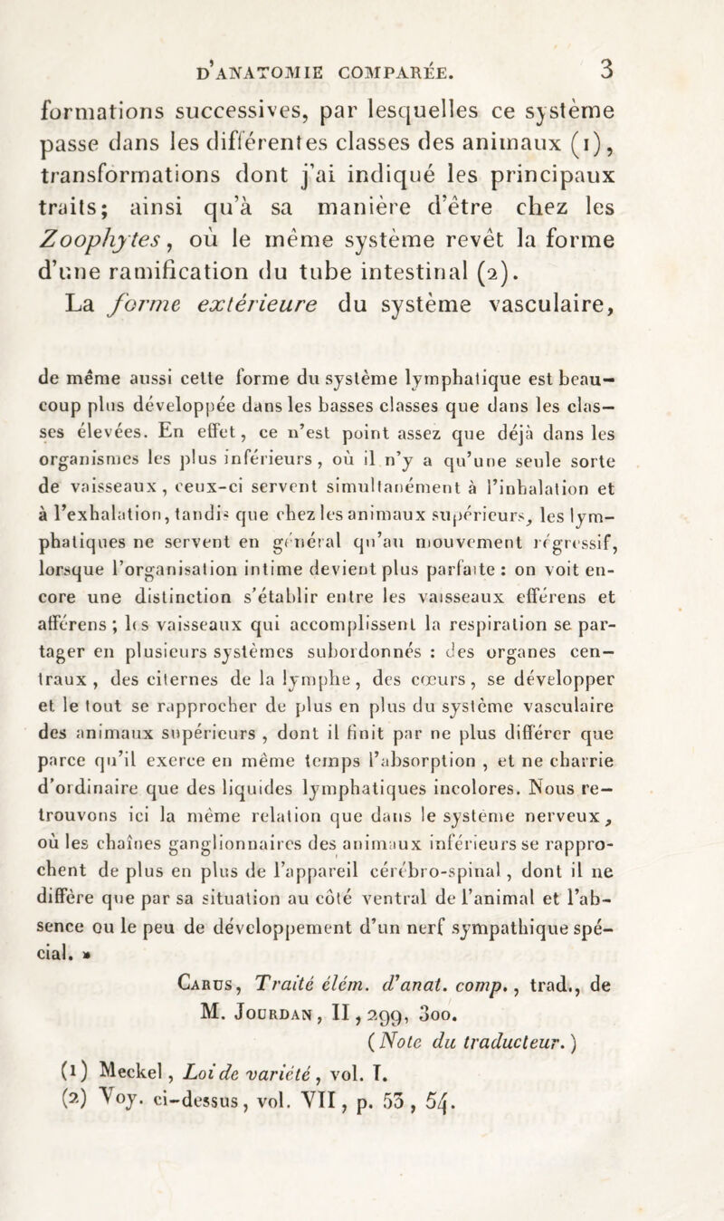 formations successives, par lesquelles ce système passe dans les différentes classes des animaux (i), transformations dont j’ai indiqué les principaux traits; ainsi qu’à sa manière d’etre chez les Zoophy tes, où le meme système revêt la forme d’une ramification du tube intestinal (2). La forme extérieure du système vasculaire, de même aussi cette forme du système lymphatique est beau¬ coup plus développée dans les basses classes que dans les clas¬ ses élevées. En effet, ce n’est point assez que déjà dans les organismes les plus inférieurs, où il n’y a qu’une seule sorte de vaisseaux, ceux-ci servent simultanément à l’inhalation et à l’exhalation, tandis que chez les animaux supérieurs, les lym¬ phatiques ne servent en général qu’au mouvement régressif, lorsque l’organisation intime devient plus parfaite : on voit en¬ core une distinction s’établir entre les vaisseaux efférens et afférens ; h s vaisseaux qui accomplissent la respiration se par¬ tager en plusieurs systèmes subordonnés : des organes cen¬ traux , des citernes de la lymphe, des cœurs, se développer et le tout se rapprocher de plus en plus du système vasculaire des animaux supérieurs , dont il finit par ne plus différer que parce qu’il exerce en même temps l’absorption , et ne charrie d’ordinaire que des liquides lymphatiques incolores. Nous re¬ trouvons ici la même relation que dans le système nerveux, où les chaînes ganglionnaires des animaux inférieurs se rappro¬ chent de plus en plus de l’appareil cérébro-spinal, dont il ne diffère que par sa situation au côté ventral de l’animal et l’ab¬ sence ou le peu de développement d’un nerf sympathique spé¬ cial. » Carüs, Traité élcm. (Tanat. comp., trad., de M. Jourdan, 11,299, 3oo. ( Noie du traducteur. ) (1) Meckel, Loi de variété , vol. T. (2) Yoy. ci-dessus, vol. VII, p. 53, 5l\.