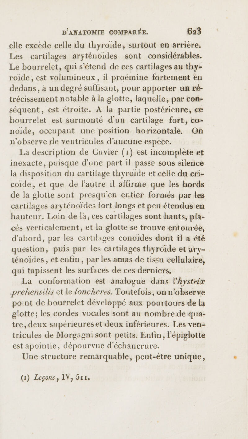 elle excède celle du thyroïde, surtout en arrière. Les cartilages aryténoïdes sont considérables. Le bourrelet, qui s’étend de ces cartilages au thy¬ roïde, est volumineux, il proémine fortement en dedans, à un degré suffisant, pour apporter un ré¬ trécissement notable à la glotte, laquelle, par con¬ séquent, est étroite. A la partie postérieure, ce bourrelet est surmonté d’un cartilage fort, co- noïde, occupant une position horizontale. On n’observe de ventricules d’aucune espèce. La description de Cuvier (1) est incomplète et inexacte, puisque d’une part il passe sous silence la disposition du cartilage thyroïde et celle du cri- coïde, et que de l’autre il affirme que les bords de la glotte sont presqu’en entier formés par les cartilages aryténoïdes fort longs et peu étendus en hauteur. Loin de là, ces cartilages sont hauts, pla¬ cés verticalement, et la glotte se trouve entourée, d’abord, par les cartilages conoïdes dont il a été question, puis par les cartilages thyroïde et ary¬ ténoïdes, et enfin , par les amas de tissu cellulaire, qui tapissent les surfaces de ces derniers. La conformation est analogue dans Xhjstrix prehensilis et le loucher es. Toutefois, on n’observe point de bourrelet développé aux pourtours de la glotte; les cordes vocales sont au nombre de qua¬ tre, deux supérieures et deux inférieures. Les ven¬ tricules de Morgagni sont petits. Enfin, l’épiglotte estapointie, dépourvue d’échancrure. Une structure remarquable, peut-être unique,