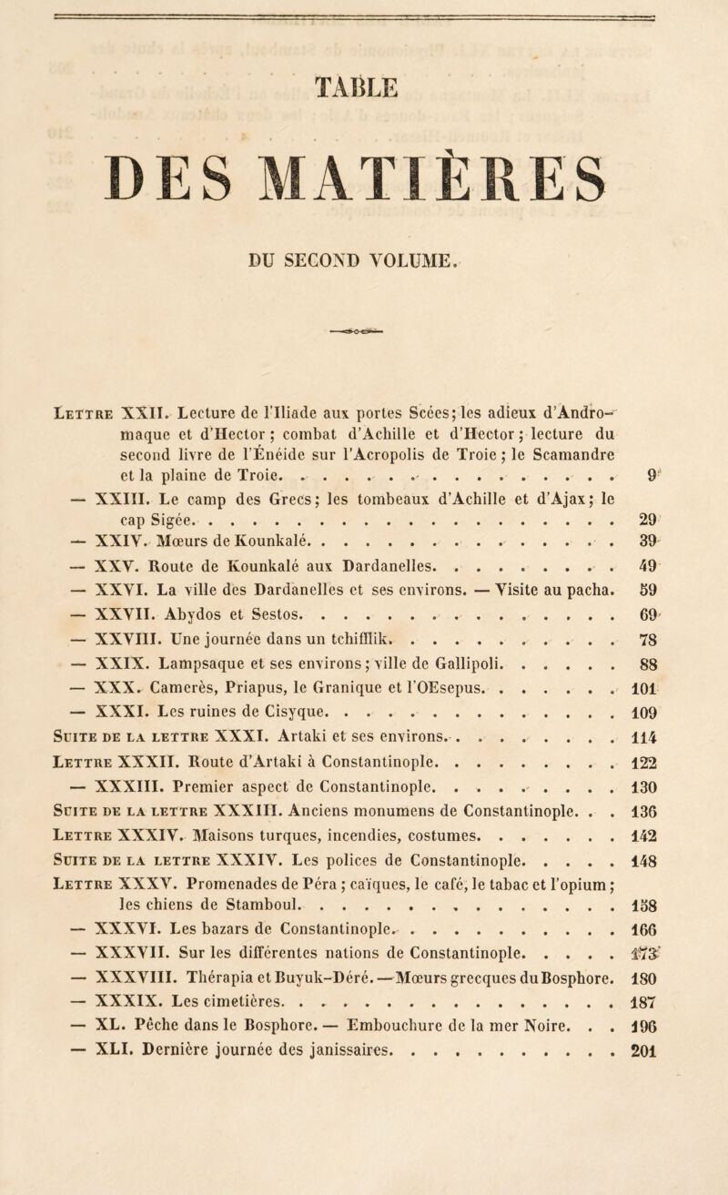 TABLE DES MATIÈRES DU SECOND VOLUME. Lettre XXII. Lecture de l’Iliade aux portes Scées;les adieux d’Andro- maque et d’Hector ; combat d’Achille et d’Hector ; lecture du second livre de l’Énéide sur l’Acropolis de Troie ; le Scamandre et la plaine de Troie. ... . 9‘ — XXIII. Le camp des Grecs; les tombeaux d’Achille et d’Ajax; le cap Sigée.29 — XXIV. Mœurs de Kounkalé.. 39 — XXV. Route de Kounkalé aux Dardanelles.49 — XXVI. La ville des Dardanelles et ses environs. — Visite au pacha. 59 — XXVII. Abydos et Sestos.69 — XXVIII. Une journée dans un tchifïlik.78 — XXIX. Lampsaque et ses environs ; ville de Gallipoli.88 — XXX. Camerès, Priapus, le Granique et l’OEsepus.101 — XXXI. Les ruines de Cisyque. ..109 Suite de la lettre XXXI. Artaki et ses environs. . ..114 Lettre XXXII. Route d’Artaki à Constantinople. ..122 — XXXIII. Premier aspect de Constantinople. ........ 130 Suite de la lettre XXXIII. Anciens monumens de Constantinople. . . 136 Lettre XXXIV. Maisons turques, incendies, costumes. ...... 142 Suite de la lettre XXXIV. Les polices de Constantinople.148 Lettre XXXV. Promenades de Péra ; caïques, le café, le tabac et l’opium ; les chiens de Stamboul...158 — XXXVI. Les bazars de Constantinople^ ..166 — XXXVII. Sur les différentes nations de Constantinople. — XXXVIII. Thérapia etBuyuk-Déré.— Mœurs grecques du Bosphore. 180 — XXXIX. Les cimetières. ..187 — XL. Pêche dans le Bosphore. — Embouchure de la mer Noire. . . 196 — XLI. Dernière journée des janissaires.201