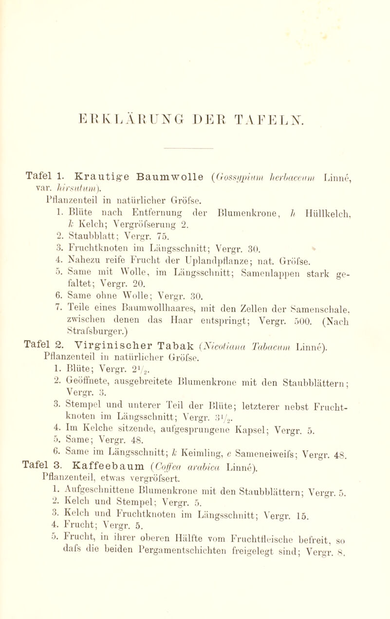 ERKLÄRUNG DER TAFELN. Tafel 1. Krautige Baumwolle (Gossypium herbaceum Linne, var. hirsutum). Pflanzenteil in natürlicher Gröfse. 1. Blüte nach Entfernung der Blumenkrone, h Hüllkelch, k Kelch; Vergröfserung 2. 2. Staubblatt; Vergr. 75. 3. Fruchtknoten im Längsschnitt; Vergr. 30. 4. Nahezu reife Frucht der Uplandpflanze; nat. Gröfse. 5. Same mit Wolle, im Längsschnitt; Samenlappen stark ge¬ faltet; Vergr. 20. 6. Same ohne Wolle; Vergr. 30. 7. 1 eile eines Baumwollhaares, mit den Zellen der Samenschale, zwischen denen das Haar entspringt; Vergr. 500. (Nach Strafsburger.) Tafel 2. Virginischer Tabak (Nicotiana Tdbacum Linne). Pflanzenteil in natürlicher Gröfse. 1. Blüte; Vergr. 272. 2. Geöffnete, ausgebreitete Blumenkrone mit den Staubblättern; Vergr. 3. 3. Stempel und unterer Teil der Blüte; letzterer nebst Frucht¬ knoten im Längsschnitt; Vergr. 31/„. 4. Im Kelche sitzende, aufgesprungene Kapsel; Vergr. 5. 5. Same; Vergr. 48. fi. Same im Längsschnitt; k Keimling, e Sameneiweifs; Vergr. 4S. Tafel 3. Kaffeebaum (Coffea arabica Linne). Pflanzenteil, etwas vergröfsert. 1. Aufgeschnittene Blumenkrone mit den Staubblättern; Vergr. 5. 2. Kelch und Stempel; Vergr. 5. 3. Kelch und Fruchtknoten im Längsschnitt; Vergr. 15. 4. Frucht; Vergr. 5. 5. Frucht, in ihrer oberen Hälfte vom Fruchtfleische befreit, so dafs die beiden Pergamentschichten freigelegt sind; Vergr. 8.