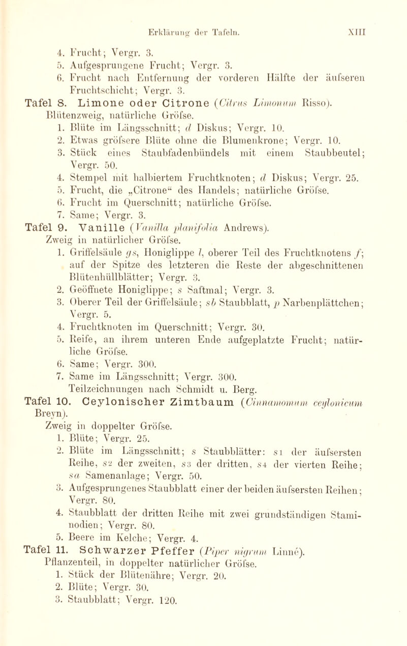 4. Frucht; Vergr. 3. 5. Aufgesprungene Frucht; Vergr. 3. 6. Frucht nach Entfernung der vorderen Hälfte der äufseren Fruchtschicht; Vergr. 3. Tafel 8. Limone oder Citrone {CUms Limonum Risso). Blütenzweig, natürliche Gröfse. 1. Blüte im Längsschnitt; d Diskus; Vergr. 10. 2. Etwas gröfsere Blüte ohne die Blumenkrone; Vergr. 10. 3. Stück eines Staubfadenbündels mit einem Staubbeutel; Vergr. 50. 4. Stempel mit halbiertem Fruchtknoten; d Diskus; Vergr. 25. 5. Frucht, die „Citrone“ des Handels; natürliche Gröfse. 6. Frucht im Querschnitt; natürliche Gröfse. 7. Same; Vergr. 3. Tafel 9. Vanille {Vanilla planifölia Andrews). Zweig in natürlicher Gröfse. 1. Grifteisäule gs, Honiglippe /, oberer Teil des Fruchtknotens /; auf der Spitze des letzteren die Reste der abgeschnittenen Blütenhüllblätter; Vergr. 3. 2. Geöffnete Honiglippe; s Saftmal; Vergr. 3. 3. Oberer Teil der Griffel säul e; s b Staubblatt, p Narbenplättchen; Vergr. 5. 4. Fruchtknoten im Querschnitt; Vergr. 30. 5. Reife, an ihrem unteren Ende aufgeplatzte Frucht; natür¬ liche Gröfse. 6. Same; Vergr. 300. 7. Same im Längsschnitt; Vergr. 300. Teilzeichnungen nach Schmidt u. Berg. Tafel 10. Ceylonischer Zimtbaum {Cinnamornuni ceylonicinn Brevn). Zweig in doppelter Gröfse. 1. Blüte; Vergr. 25. 2. Blüte im Längsschnitt; s Staubblätter: si der äufsersten Reihe, s‘± der zweiten, S3 der dritten, s4 der vierten Reihe; sa Samenanlage; Vergr. 50. 3. Aufgesprungenes Staubblatt einer der beiden äufsersten Reihen; Vergr. 80. 4. Staubblatt der dritten Reihe mit zwei grundständigen Stami- nodien; Vergr. 80. 5. Beere im Kelche; Vergr. 4. Tafel 11. Schwarzer Pfeffer (Piper nigmm Linne). Pflanzenteil, in doppelter natürlicher Gröfse. 1. Stück der Blütenähre; Vergr. 20. 2. Blüte; Vergr. 30. 3. Staubblatt; Vergr. 120.