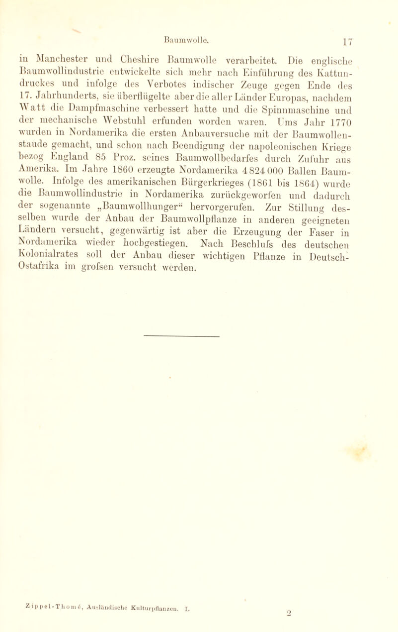 in Manchester und Cheshire Baumwolle verarbeitet. Die englische Baumwollindustrie entwickelte siel» mehr nach Einführung des Kattun¬ druckes und intolge des Verbotes indischer Zeuge gegen Ende des 17. Jahrhunderts, sie überflügelte aber die aller Länder Europas, nachdem M att die Dampfmaschine verbessert hatte und die Spinnmaschine und der mechanische Webstuhl erfunden worden waren. Ums Jahr 1770 wurden in Nordamerika die ersten Anbauversuche mit der Baumwollen¬ staude gemacht, und schon nach Beendigung der napoleonischen Kriege bezog England 85 I’roz. seines Baumwoll Bedarfes durch Zufuhr aus Amerika. Im Jahre 1S60 erzeugte Nordamerika 4824 000 Ballen Baum¬ wolle. Infolge des amerikanischen Bürgerkrieges (18G1 bis 1864) wurde die Baumwollindustrie in Nordamerika zurückgeworfen und dadurch der sogenannte „Baumwollhunger“ hervorgerufen. Zur Stillung des¬ selben wurde der Anbau der Baumwollpflanze in anderen geeigneten Ländern versucht, gegenwärtig ist aber die Erzeugung der Faser in Nordamerika wieder hochgestiegen. Nach Beschlufs des deutschen Kolonialrates soll der Anbau dieser wichtigen Pflanze in Deutsch- Ostafrika im grofsen versucht werden. Zippel-Tliome, Ausländische Kulturpflanzen. I.