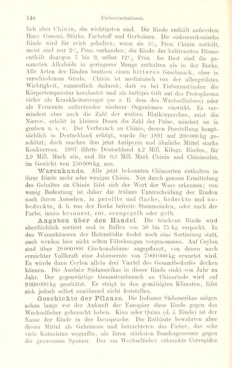 lieh aber Chinin, die wiclitigsten sind. Die Rinde enthält aufserdem Harz, (’fummi, Stärke, Farbstoff und Gerbsäure. Die südamerikanische Rinde wird für reich gehalten, wenn sie 3>/2 Proz. Chinin enthält, meist sind nur 2V2 Proz. vorhanden; die Rinde der kultivierten Bäume enthält dagegen 7 bis 9, seihst 12'/2 Proz. Im Bast sind die ge¬ nannten Alkaloide in geringerer Menge enthalten als in der Borke. Alle Arten der Rinden besitzen einen bitteren Geschmack, aber in verschiedenem Grade. Chinin ist medizinisch von der allereröfsten Wichtigkeit, namentlich dadurch, dafs es hei Fieberzuständen die Körpertemperatur herabsetzt und als heftiges Gift auf das Protoplasma vieler als Krankheitserreger (so z. B. dem des Wechselfiebers) oder als Fermente auftretender niederer Organismen einwirkt. Es ver¬ mindert aber auch die Zahl der weifsen Blutkörperchen, reizt die Nieren, erhöht in kleinen Dosen die Zahl der Pulse, mindert sie in grofsen u. s. w. Der Verbrauch an Chinin, dessen Darstellung haupt¬ sächlich in Deutschland erfolgt, wurde für 1891 auf 200000kg ge¬ schätzt; doch machen ihm jetzt Antipyrin und ähnliche Mittel starke Konkurrenz. 1897 führte Deutschland 4.2 Mill. Kilogr. Rinden, für 2,9 Mill. Mark ein, und für 9,3 Mill. Mark Chinin und Chininsalze, im Gewicht von 250000 kg, aus. Warenkunde. Alle jetzt bekannten Chinaarten enthalten in ihrer Binde mehr oder weniger Chinin. Nur durch genaue Ermittelung des Gehaltes an Chinin läfst sich der Wert der Ware erkennen; von wenig Bedeutung ist daher die frühere Unterscheidung der Rinden nach ihrem Aussehen, in gerollte und flache, bedeckte und un¬ bedeckte, d. h. von der Borke befreite Stammrinden, oder nach der Farbe, innen braunrot, rot, orangegelb oder gelb. Angaben über den Handel. Die trockene Rinde wird oberflächlich sortiert und in Ballen von 50 bis 75 kg verpackt. In den Warenhäusern der Hafenstädte findet noch eine Sortierung statt, auch werden hier nicht selten Fälschungen vorgenommen. Auf Ceylon sind über 20 000000 Cinchonabäume angepflanzt, von denen nach erreichter Vollkraft eine Jahresernte von 7000 000 kg erwartet wird. Es würde dann Ceylon allein drei Viertel des Gesamtbedarfes decken können. Die Ausfuhr Südamerikas in dieser Rinde sinkt von Jahr zu Jahr. Der gegenwärtige Gesamtverbrauch an Chinarinde wird auf 9 000000kg geschätzt. Er steigt in den gemäfsigten Klimaten, läfst sich jedoch seihst annähernd nicht feststellen. Geschichte der Pflanze. Die Indianer Südamerikas mögen schon lange vor der Ankunft der Europäer diese Binde gegen das Wechselfieber gebraucht haben. Kina oder Quina (d. i. Rinde) ist der Name der Rinde in der Incasprache. Die Rothäute bewahrten aber dieses Mittel als Geheimnis und betrachteten das Fieber, das sehr viele Kolonisten wegraffte, als ihren stärksten Bundesgenossen gegen die grausamen Spanier. Der am Wechselfieber erkrankte Corregidor