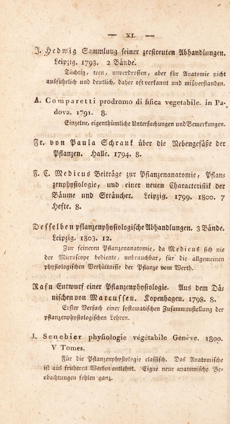 % J>cb&tg (Sammlung feinet $crftteuten $&5anbltmgen* £eipöig* 1793. 2 Bdnbe* &M>ttg, treu, impetjbrojTen, aber für Anatomie nid)t ausführlich unb beuilid;, ba^er oft oerfannt unb mifjoerftanben. A. Coraparetti prodronio di filica vegetabile, in Pa-* dova. 1791. 8* (Sinjelne, eigenthümlid;eUnterfudjungen unbBemcrfungen» $£♦ $aula @d)tanf übet bie 2fte6engcfd£e bet SPflattjetu QaUe* 1794* 8* 5, (L 5D? e b i c it ^ beitrage $ut ^(Tan^enanafsmie/ $f[am Senpljpftologje, unb einer neuen (Ejjaracterifltf bet Raunte unb 6ftdud)et* Seidig* 1799. igoo* 7 ' £efte* 8. 5Deffet6en pfian$enp!jßpo(ögif^eSlbfjanblungem 3Bdnbe, £ctp$ig* 1803* 12* 3ur feineren ^flansenanatomie, ba 2Q£ e b t c u S ftcf? nie ber sföicrofcope bebtenfe, unbrauchbar, für' bic allgemeinen phpfiologifdjen 50erf?attntfTe ber ^flanje bom Söertfc. 3Ufn 0tfn>utf einet fljflattjcnp^fiölogie. 2lu£ bem £)d* nifdjeimn ®a teuffett* fopenljagem 1793* 8* €rfrer ^erfucf; einer fijftemattfcfyen gufammenfMIung ber pganscnphnftologifchen £ehren. j. Senebier pbyfiologie vegetabile Geneve. 1800. V Tomes. S*ür bie ^Iflansenp^pftologie daffifdj. £aS 2(natomifd;e tft au$ früheren SBerfen entlehnt. €dgne neue anatomifcbe Be- obachtungen fehlen gan|.