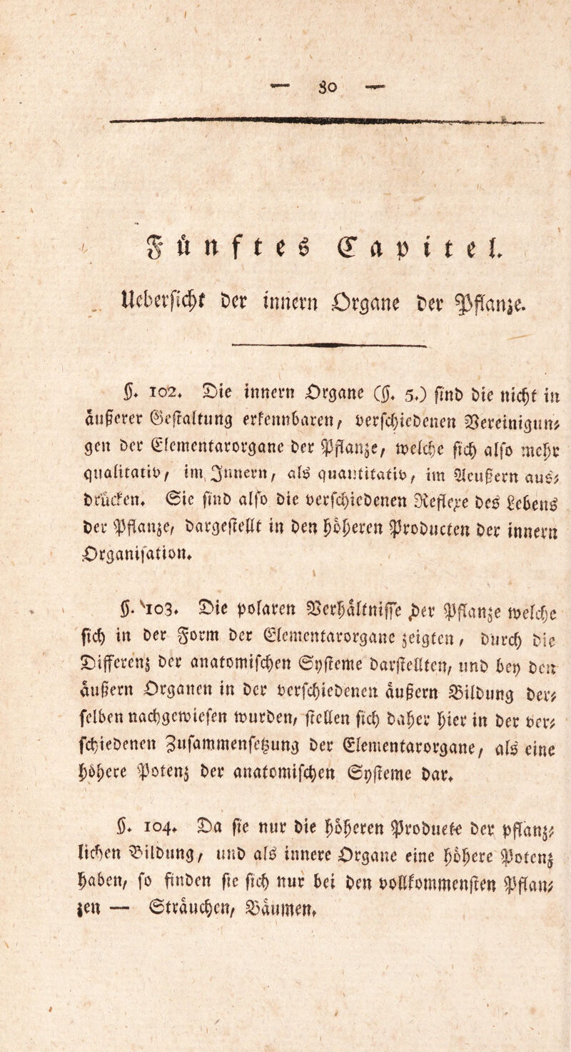 fünftes ff d p j t e!, Uebetficpf Der innern örgane Der ^ffctnje- $♦ 102. Sjie innern Svgane (ß. 5.) ftnb öte niepf ist äußerer (Beftnltnng evfenn6aven, »erfcpieDenen SBeveinigun# gen ber gfementarorgane Dev «Pffanje, »elcpe fiep alfo ntepr qualitativ immunem, a(3 quantitativ im Slcufkvn aue# Dvücfen. 6ie ftnD alfo Die oevfcpieDenen Stefieve Des Menö bei- ffianje, Darge|teöt in Den popeven SPvoDucten Der innevn £)vgani|atiott. I ß- vio3. £>ie polaren ajevpdlfnifie J&ev ipflnnje tnelcpc fiep in Dev govm Dev ©lementarorgane jeigfen, Durcp Die Siffevenj Dev anatomifepen ©»(lerne Daifteilten, unD be» Den äußern Organen in Dev DevfcpieDenen äußern SßilDung Dev# fclben naepgeroiefen tuuvben, ftetten fiep Dapev piev in Dev Der# fcpieDenen ^ufammenfepung Dev €!emenfavovgane, als eine p6peve 'fJotenj Dev anatomifepen ©»fteme Dav, l . ß* 104, Sa fie nuv Die popeven *j5roDuefe Der pflanj# ließen üMlDung, unD alb inneve Organe eine pipere |5otcn$ pa&en, fo ßnDen ftc fiep nuv bei Den ooßfotnmcnften «Pftan# je« — ©fvducpen, SSdumett, • \ I