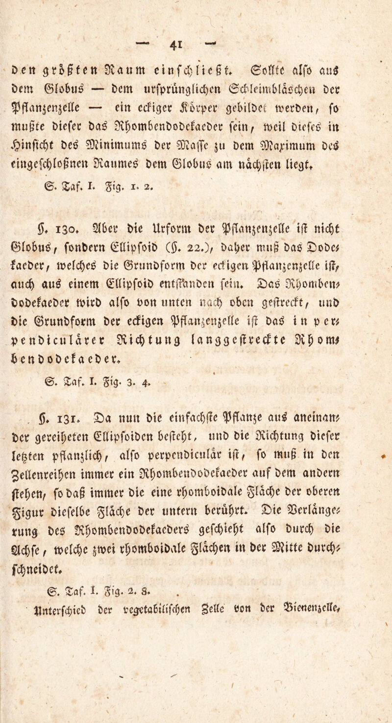 / — 41 - Den großen Staunt einfef) Hegt* Sollte alfo au$ Dem 6fo6uO — Dem urfprünglichen @cbleim6ldßcf)en Der <P ft an^ enteile — ein ccfiger $6rper gebilDet tperDett/ fo ntugte Dtefer DaO 5tl)om6cnDoDcfaeDer fein ^ weil DiefeO in $inftd)t DeO SDtinimumO Der tOtafe $u Dem Sftajämum Dcsl cingefcbloftnen Stauntet Dem ©lobuö am ndct)jlen liegt* Xaft I. <$tg* i* 2« 0* 130* 516er Die Urform Der $ftan$en$efte tj! nicht ©lobuß, fonDern ©llipfoiD Cö* 22*)/ Datier mu§ Das SoDe* faeDer, welchem Die ©runDform Der etfigen ^ffatt$en$eße iffy auch atig einem ©llipfoiD entjfanDcn fein* Saß 3U)om6cm DoDefaeDer tpirb alfo Pon unten nach oben geftreeft, unD Die ©runbform Der edugen $ftan($en$elle ijl Daß in per* penDiculdrer Stiftung langgeftrecfte Dibomi bcnDoDcfaeDer* s @* Xa\\ I. §tg. 3* 4» 5* 131» Sa nun Die einfache $ftan$e aui aneinan* Der gereiften (SlUpfoiDcn befielt, unD Die ^Dichtung Diefer Ieilten pftan$ltcf>f alfo perpcnDiculdr i(t, fo mu§ in Den gellenreiljen immer ein SvfjombenDoDcfaeDer auf Dem anDern ftehefy foDa§ immer Die eine rljomboibale gldche Der o6eren gigur Diefel6e gldche Der untern berührt Sie Verfange* tung Deo 5vfjom&ettDoDefaeDer$ gefehlt alfo Durch Die filchfe f welche ^wei rjjomboiDale gldchen in Der SSitie Durchs fchneiDef* ©. &af. I. $tg. 2, s» Unterfd;ieD Der regeta6tltfcf;en gelle Pon Der ^ienenicffe,