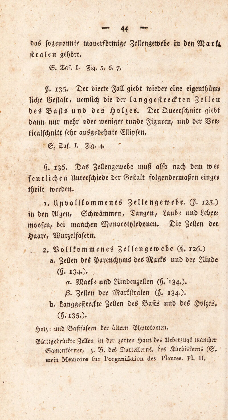 ba$ fbaetiÄnnfe mauerf&rmiae %cUen$mtU in Oen$}arf* fi v a t e n sefjorf* <§>♦ Saf. I' Si<5* 5f 6. 7* $♦ i35> ©er uierfe gad gieBf n>icbet eine ettjentpm* Itd)e ©e|laltf nemtict) bie Der langgefirecften 3eilen Oe$ 35afl$ unO Oeg £ol$e^ ©er Gueerfcfcniff gieBt Dann» nur mefje ober mentger tunDe gigureu/ unO Oer %$m ttcalftynltt fef>r au^geDe^nte (Edipfem ©♦ Saft i. Stg* 4* t. 136. ©a£ Beden^emede muß alfo nacl) Dem tt>e* fentUcben Unterfc&iebe Oer @e|ialt folgenDermagen einge* tjeilt werben«. 1, UitooIIfommene^ BellengeweBe* QJ« 125.) in Den SUgen, 6cf)wammen, Sangen, £auB* unO £cBer* tnoofen, Bei matteren ®onocotpleDonen«. ©ie 3rtten Oer Staatef £Bur$etfafeem 1 % „ 2«S8oIlfommene$3cnengeweBe(§* 12 60 a. 3eden De$ $arend)t)mg De$ ®arfö unO Oer ÜvinOe (ö* i34»)* / «. 3ftarf* unO SUnOenjeffen (ff/1340» 0. Beden Oer SKarffiraien (ff* i34«)* b. £anggefirecfte Beden De$ 2$a|i$ unO De$ Jj?oIje& (Ö«i350* §0(5 s unb Cöaftfafevrt bet altern $l)9totomen. ^lattgcbrücftc gellen in ber garten i)aut bei tteBersugl mancher @amenf6rner, 5. 35. bei IDattetfernl, bei Äurfctlfernl (©♦