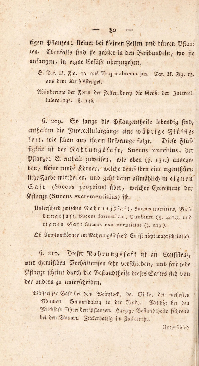 So ti$en SPffattjett; Heiner bei Heilten Jeden unb bürten gen. ©benfade fmb fte großer in ben 23ajlbünbedt, too fte (mfangen, in eigne ©efdße überlageren* k f ' ©♦ £af. I/. ^ig. 16. ait£ Tropaeolum majtis. £af. II. S'ig* I5* au§ bem ÄurbisfrengeL Sibanberung ber $orm bet* gellen,burd; bie @)rb§e ber x^ntercel- lutarg vage. §. 142, 5* 209» 60 lange Die ^jTanjentbeife lebenbig ftnb, entbalten Die gntctcedtddrgdnge eine tu d geige glüfftg* fei*/ tote fd)on ati3 intern Urfprmtge folgt £dcfe glüf* ftgHtt ifl Der 2fta|jenngt?faft, Suceus mitritius. Der ?3^an^e; ©r entfalt gnmeilen / n?ie oben (S* 151O angege; hen, Heine runbe dornet/ tocfd;e Demfclben eine eigentl)ü.m> liebegarbe mittbeden, unb gebt bann dimabüd) in eignen ©aft (Succus proprius) über, toefeber ©^crement ber fp$an$e (Succus excrementiiius) |j|t llnterfcbieb jitnfeben 9ba^rtin g-gfaft, Succus nutritius, $i U bungßfaft, Succus forinativus, Cambium ©§. 461,)/ Uttb eignen ©aft Suceus exerementitius (§, 219J. X)b $nn;lumfbrncr im 9?al;rung£fafte? ©£ iftnicbtieabrfd;cinlicf;. 0.2X0. Ziffer «Jlo$rutt9$faft i|t <m <Sonfif?en$, tjitö d)cmifd)C!i 23ei'()alf!iijfcii fcfjc tifrfdjic&en, unb faft jebe fPanje fdeinf burd) bic 9?e|?anbt(>«i(e biefes Safteg fid> »tut Der anbern itnterfd)eiDen* SBafTeriger ©aft bei bem ®etnf!o<f, ber 53irfe, ben mebrfren Daumen, ©mnmibaltig in ber Sunbe. ©lilcbig bei ben Sjftüt&fafi führen ben fs3 garten. j)ar$ige ^3eü«nbfl)eile führen b bei ben Xannen. Jueferbaltig im Jiuferroi)r. tlnterfddeb 1 1