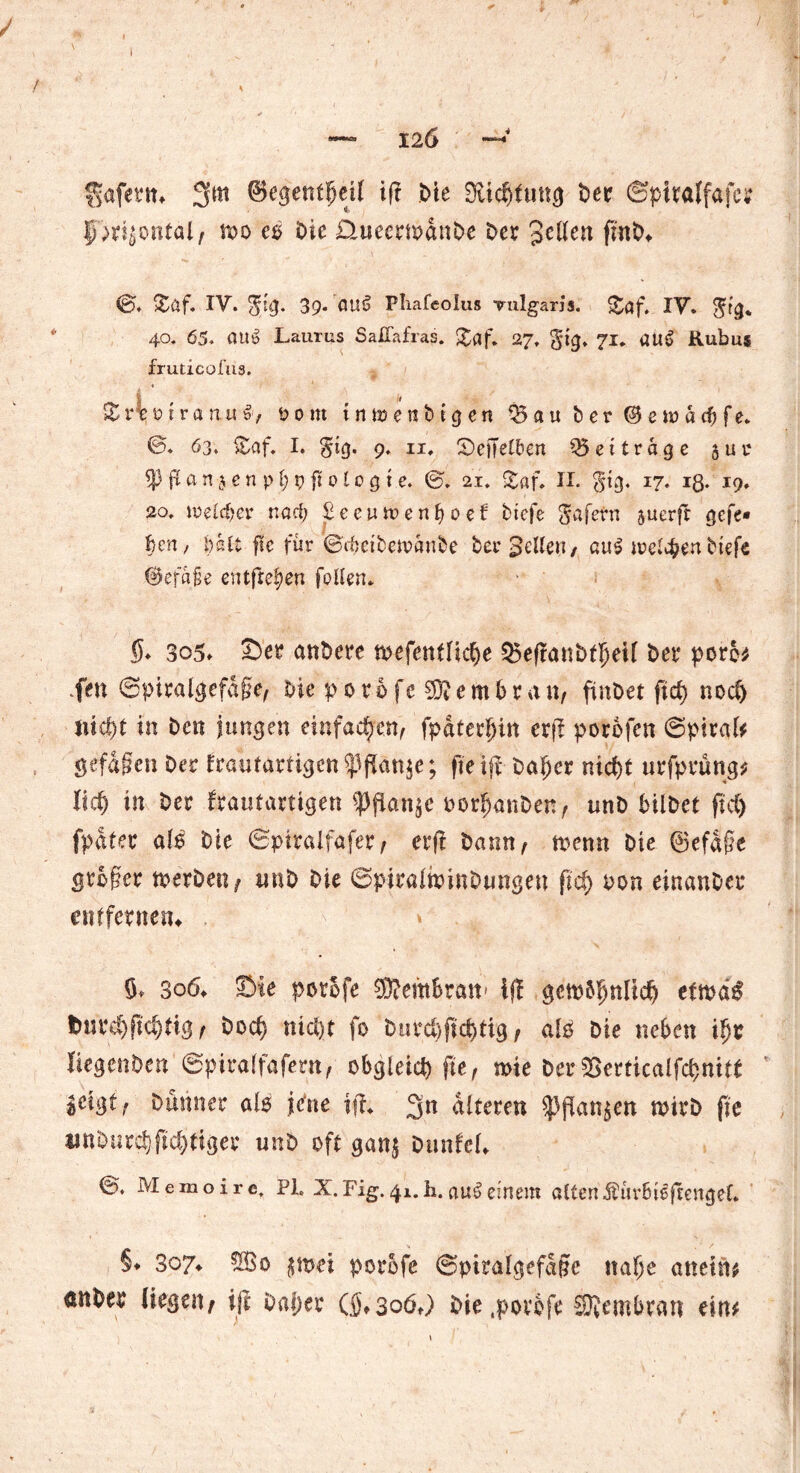 $aferm 3m ©egentfjeU tg Die ^tcbfung Der ©piralfafer f m^ntai, m eo Die üuecmanDe Der geflen finb» 0. £af. IV. 5*9» 39* ’flttS Pliafeolus vulgaris. £ßf, IV. 40. 65. auö Laurus Saflafras. £af. 27, gtg. 71* ütt6 Rubus fruticofus. % rp ’o t r a rt« Dom t n » e n b i3 e n ^au b e r (g e w a cf) f e. 0. 63. &af. I. §tg. 9. 11, SDefFelben beitrage sur $ g a n $ e n p l) p ft 010 g i e. 0. 21. £af. II. §tg. 17. 13. 19, 20. welcher t:ad; £e cutt) ent) 0 el btcfe Jafetn suerft gcfe* bcn, i)kli ftc für 0cbeiten?anbe Der Sellen / ßu$ treten tiefe 0efa§e entfielen follen. 305» Ser anbere wefenflicbe Q5effanbfbeU Der porc* .fen ©piralgefage, Die porofe sSRembran, ftnDet fid) nod) nicf)t in Den jungen einfachen, fpdterfjin erj! porofen ©pirafr gefdgen Der frautartigcnSßfiattje; ftetjl baljer nicht urfprung* lieb in Der frautartigen flanke oorhanDen, unD bilDet fid) fpdter a(£ Die ©ptralfafer/ erg Dann, trenn Die ©efdge groger toerben/ imD Die ©piraibinDungen fid) oon einanDei* entfernen» Y Ö, 306» Sie potofe ®etttSrcm' 1(1 geroSfjnltcfj tmdß btu4d)fid)tig f Doch nid)t fo Dim&jJc&ttg, alD Die neben ijj* fiegenDen ©piraffafern, obgleid) fie, mie Der SBerticalfchnitl Dünner ab jene ifh 3n alteren $Pflatt$en mirb fie tittDurcbfiebriger unD oft gan$ Daniel* 0, Memoire, PL X.Fig.41.h.aui>einem altenÄürbt^fcengef. §♦ 307» 2Bo $mi porofe ©piralgefdge nage attehi* anDer liegen/ ijl Oat)er (&306f) bie.povbfe SRembran c'm