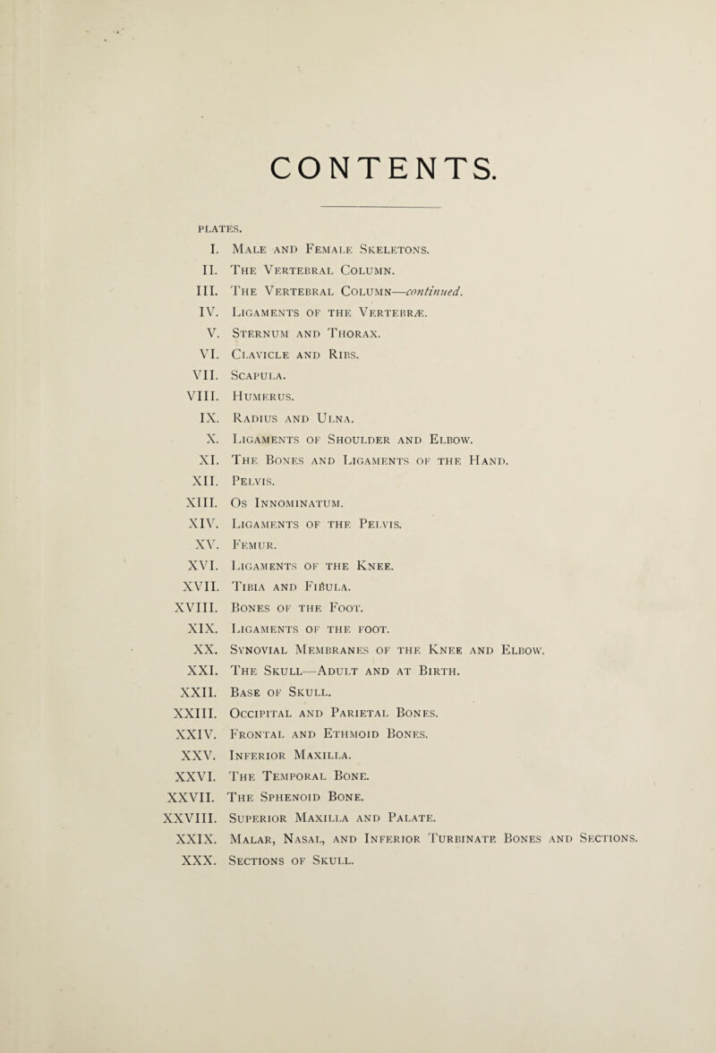 CONTENTS PLATES. I. Male and Female Skeletons. II. The Vertebral Column. III. The Vertebral Column—continued. IV. Ligaments of the Vertebrae. V. Sternum and Thorax. VI. Clavicle and Rirs. VII. Scapula. VIII. Humerus. IX. Radius and Ulna. X. Ligaments of Shoulder and Elbow. XI. The Bones and Ligaments of the Hand. XII. Pelvis. XIII. Os Innominatum. XIV. Ligaments of the Pelvis. XV. Femur. XVI. Ligaments of the Knee. XVII. Tibia and Fii5ula. XVIII. Bones of the Foot. XIX. Ligaments of the foot. XX. Svnovial Membranes of the Knee and Elbow. XXI. The Skull—Adult and at Birth. XXII. Base of Skull. XXIII. Occipital and Parietal Bones. XXIV. Frontal and Ethmoid Bones. XXV. Inferior Maxilla. XXVI. The Temporal Bone. XXVII. The Sphenoid Bone. XXVIII. Superior Maxilla and Palate. XXIX. Malar, Nasal, and Inferior Turbinate Bones and Sections. XXX. Sections of Skull.
