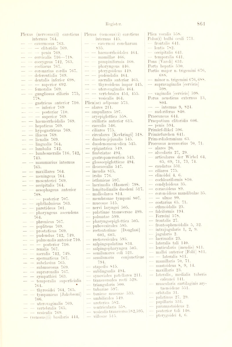 Plexus (nervosusl(i) caroticus interims 7(14. eavernosus 7(53. — clitoriilis 769. — ]>cnis 769. - cervicalis 71(5 — 718. - coccygeus 742, 763. coeliacus 7(>7. - coronarius cordis 7(57. deferentialis 769. - dentalis inferior 698. — superior 692. — femoralis 769. - gangliosus ciliaris 775, t i s. gastricus anterior 710. - — inferior 769 -— — — posterior 710. — superior 769. — — haemorrhoidalis 769. - hepaticus 769. hypogastricus 769. — — iliacus 769. — — lienalis 769. - lingualis 764. — — lumbalis 742. — — lumbosacralis 716, 742, 743. — — mammarius interims 7(55. — — maxillares 7(54. — — meningeus 764. — — mesenterici 769. — — occipitalis 7(54. - oesophageus anterior 708. - posterior 707. - ophthalmicus 7(53. — — parotideus 701. - pharyngeus ascendens 764. - phrenicus 767. - popliteus 7(59. - prostaticus 7(59. - pudendus 742, 749. - pulmonalis anterior 710. — — — posterior 710. — — renalis 767. sacralis 742, 749. — — spermaticus 767. — — subclavius 765. subnmeosus 769. — — suprarenalis 767. — — sympathici 763. — — temporalis superfieialis 764. thyreoidei 764, 765. - tympanicus [Jakobsoni] 7 06. - uterovaginalis 769. vertebral is 765. — vesical is 769. — (venosus)(i) basilaris 444. Plexus (venosus)(i) caroticus interims 145. cavernosi coneharum 835. — haemorrlioidales 464. mamillae 466. pani])iniformis 460. pharyngeus 446. pterygoideus 4 19. - pudendalis 464. sacralis anterior 463. thyreoideus impar 445. uterovaginalis 4(54. — — vertebrales 454, 455. vesiealis 164. Plica(ae) adiposae 573. — alares 211. — ampullares 597. - aryepiglottica 558. axillaris anterior (515. - caecalis 546. — ciliares 775. - cireulares [Kerkringi] 518. — duodenojejunalis 545. — duodenomeso oliea 545. I — epigastrica 549. ' — fimbriatae 494. - gastropancreatiea 543. I — glossoepiglotticae 494. | — ileocaecalis 547. — incudis 815. | — iridis 776. ! — isthmicae 597. — lacrimalis (Hasneri) 798. ] — longitudinalis duodeni 517. malleolares 814. membranae tympani 807. •— mucosae 515. — nervi laryngei 505. — palatinae transversae 499. — palmatae 599. — pharyngoepiglottica 505. — pubovesicales 595. — rectouterinae [Douglasi] 601, 603. - rectovesieales 595. — salpingopalatina 834. — salpingopharyngea 505. — semilnnares coli 521. — semilunaris conjunctivae 794. -— stapedis 815. - sublingualis 494. - synoviales patellares 211. transversales recti 529. triangularis 500. tubariae 597. — tunicae mucosae 533. — umbilicales 549. — ureterica 582. ventricularis 558. — vesiealis transverse 582,595. — villosae 515. Plica vocalis 558. Polus(i) bulbi oculi 771. frontalis 641. lentis 7*2. occipitalis 641. - temporalis 641. Pons [Varoli] 631. Porta hepatis 530. Portio major n. trigemini 676, 688.' — minor n. trigemini 676, 68V — supravaginalis [cervicis] 598. - vaginalis [cervicis] 598. Porus acusticus externus 13, 804. — — interims 9, 821. sudoriferus 84 u. Praecuneus 644. Praeputium clitoridis 606. — penis 594. Primarfnllikel 596. Primarfurchen 641. Prim ord ialcranium 63. Processus accessorius 70, 71. — alares 20. — alveolaris 27, 29. articulares der VVirbel 64, 65, 69, 71, 73, 74. — caudatus 531. — ciliares 775. — clinoidei 4, 6. - cochleariformis 810. - condyloideus 35. — coracoideus 89. — coronoideus mandibulae 35. - — ulnae 99. — costarius 65, 71. - etbmoidalis 23. — falciformis 194. - Ferreini 578. — frontalis 27. — frontosphenoidalis 5, 32. - intrajugularis 1, 2, 9. — jugularis 2. — lacrimalis 23. lateralis tali 140. — lenticularis (incudis) 811. mallei anterior [Folii] ''ll. lateralis ''ll. I — mamillaris 70, 71. mastoideus 8, 9, 14. maxillaris 23. — lateralis, medialis tuberis calcanei 141. museularis cartilaginis ary- taenoideae 551. orbitalis 31. — palatinus 27, 29. papillaris 531. paramastoideus 2. posterior tali 140. pterygoidei 4, 6.