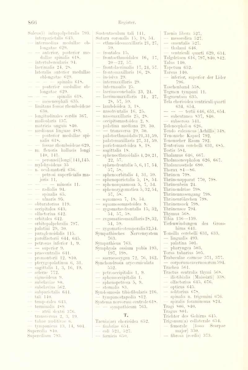 Sulcus(i) infrapnlpebralis 703. interparietalis (543. — intermedins medullae ob- longatae 629. — anterior, posterior me- dnllae spinalis til8. intertnbercnlaris 04. lacrimalis ‘24. 28. lateralis anterior medullae oblongatae (>20. spinalis (518. posterior medullae ob¬ longatae 620. spinalis 618. mesencephali 635. - limitans fossae rbomboideae 630. - longitudinales cordis 367. - malleolaris 137. matricis unguis 840. medianus linguae 489. posterior medullae spi¬ nalis 618. fossae rbomboideae 620. m. flexoris hallucis longi 140, 141. - peronaei]longi] 141,145. - mylohyoideus 35 - n. oculomotorii 636. - petrosi superfieialis ma- joris 11. — minoris 11. radialis 04. sjiinalis 65. - ulnaris 05. - obturatorius 110. - occipitales 643. - olfactorius 642. - orbitales 642. - orbitopalpebralis 707. - palatini 29, 30. paraglenoidalis 115. - parolfactorii 644, 645. — petrosus inferior 1. 9. - — superior 0. — praecentralis 641. - promontorii 12, 810. - pterygopalatinus 6, 31. - sagittalis 1, 3, 1(5, 19. sclera*' 772. sigmoideus 0. - subclaviae 80. subelavius 5(52. subparietalis 644. tali 140. temporales 643. terminalis 4so. atrii dextri 376. transversus 2, 3, 10. - tubae auditivae (5. tympanicus 13, 14, 804. Supercilia 840. Supercilium 703. Sustentaculum tali 111. Suture coronalis 15, 18, 54. - ethmoideomaxillaris 21, 27, 59. • frontales 15. frontoethmoidales 1(5, 17, 20—22, 57. frontolaerimalis 17, 24, 57. frontomaxillaris 16, 28. - incisiva 20. - intermaxillaris 20. - internasalis 25. — lacrimoconchalis 23, 24. — lacrimomaxillaris 24, 27, 28, 57, 50. — lainbdoidea 3, 1 s. — nasofrontalis 16, 25. nasomaxillaris 25, 28. - occipitomastoidea 2, 8. - palatina mediana 29, 30. - — transversa 29, 30. - palatoethmoidalis 21,31,59. - palatomaxillaris 27, 31, 59. - parietomastoidea 8, 18. - sagittalis 18. — spkenoethmoidalis 4,20,21, 22, 57. - sphenofrontalis 5, 6, 17, 54. 57, 5s. - spbenoorbitalis 4, 31, 59. - sphenoparietalis 5, 18, 54. - sphenosquamosa 5, 7, 54. - spkenozygomatica 5, 32,54, 57, 58. - squamosa 7, 18, 54. - squamosomastoidea 8. - zygomaticofrontalis 15, 32, 54, 57, 58. — zygomatieomaxillaris 28,32, 54, 59. - zygomaticotemporalis32,54. Sympathiscbes Nervensystem 763. Sympathicus 763. Symphysis ossium pubis 193, 107, 198. — sacrococcygea 72, 76, 162. Synchondrosis arycorniculata 5 5 2. - petrooccipitalis 1, 9. - sphenooccipitalis 1. - sphenopetrosa 5, 9. - sternalis 83. Syndesmosis tibiofibularis 216. tympanostapedia s 12. Systema nervorum eentrale 618. sympathicum 763. T. Taenia(ae) chorioidea 652. fimbriae 654. coli 521, 527. - fornicis 650. Taenia libera 527. mesocolioa 527. - omentalis 527. thalami 646. ventriculi quarti 629, 634. Talgdriisen 616, 797, 840, 842. Talus 140. Tapetum 652. Tarsus 140. - inferior, superior der Lider 706. Taschenband 558. Tegmen tympani 11. Tegmentum 635. Tela chorioidea ventriculi quarti 634, 654. — — — tertii 646, 651, 654. — subcutanea 837, S4n. —- subserosa 541. Telencephalon 626. Tendo calcaneus [Achillis] 34'?. Tenonsche Kapsel 702. Tenonscher Raum 702. Tentorium cerebelli 631, (>s5. Testis 5s4. Thalamus 646, 667. Thalamencephalon 626, 667. Thalamusstiele 680. Thorax 84—86. Thriinen 798. Tkriinenapparat 770, 79'?. Thranenbein 24. Thriinendriise 798. Thriinennasengang 798. Tkranenrokrchen 798. Thriinensack 708. Thriinensee 704. Thymus 568. Tibia 136—139. Tiefenwindungen des Gross- kirns 641. Tonsilla cerebelli 631, 633. — lingualis 403. - palatina 501. pharyngea 503. Torus tubarius 505. Trabeculae carneae 371, 377. — corporuni cavernosorum 504. Trachea 561. Tractus centralis tkyini 56s. iliotibialis [Maissiati] 33s. - olfactorius 645, 676. - opticus 645. solitarius 678. spinalis n. trigemini 676. spiral is foraminosus 824. Tragi 806, s40. Tragus 801. Trichter des Gehirns 645. Trigonum(a) collaterale 654. femora lo [fossa Scarpae major] 330. — fibrosa (cordis) 373.