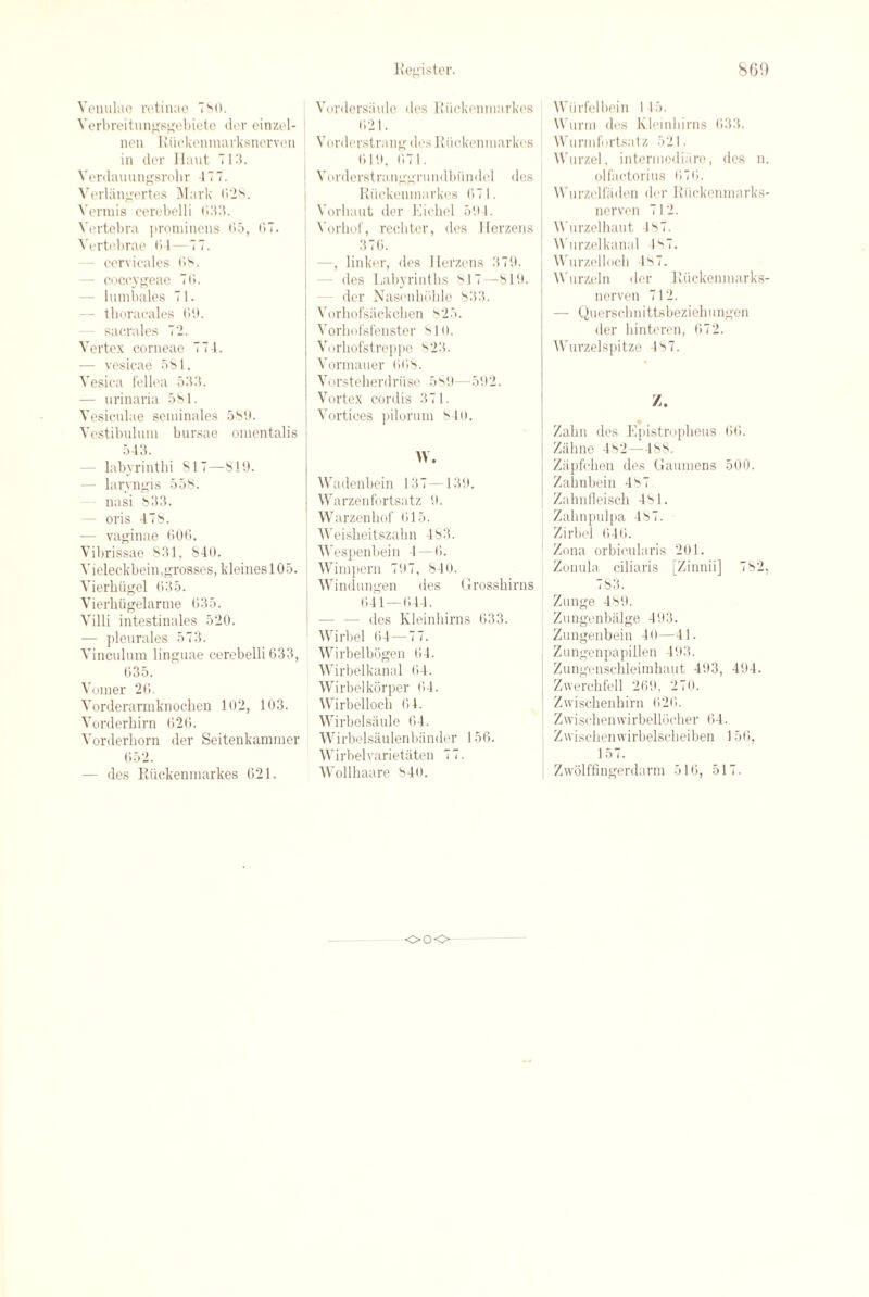 Venulae retinae 780. Verbreitungsgobiete der einzel- nen Riickenmarksnerven in der Haut 7Id. Verdauungsrolir 177. Verlangertes Mark 628. Vermis cerebelli <>33. Vertebra prominens 65, <>7. Vertebrae 64—77. cervicales 6v - coccygeae 76. lnmbales 71. — thoracales 69. - sacrales 72. Vertex corneae 774. — vesicae 5S1. Vesica fellea 533. — urinaria 581. Vesiculae seminales 589. Vestibnlum bursae omentalis [ 543. labyrinthi S17—819. — laryngis 558. nasi 833. - oris 478. — vaginae 606. Vibrissae 831, 840. Vieleckbein,grosses, kleinesl05. Vierkiigel (>35. Vierhiigelarme 635. Villi intestinales 520. — pleurales 573. Vinculum linguae cerebelli 633, 635. Vomer 26. Vorderarmknocben 102, 103. Vorderhirn 626. Vorderhorn der Seitenkammer 652. — des Riickenmarkes 621. Vordersaule des Riickenmarkes 621. Vorderstrang des Riickenmarkes 619, 671. Vorderstranggrundbiindel des Riickenmarkes 671. Vorhaut der Eichel 594. Vorhof, rechter, des Herzens 376. —, linker, des Herzens 379. - des Labyrinths 817—819. der Nasenkokle 833. Vorhofsackcken 825. Vorhofsfenster 81 o. Vorhofstreppe 823. Vormauer 6(i8. Vorsteherdriise 589—592. Vortex cordis 371. Vortices pilorum 840. W. Wadenbein 137 —139. Warzenfortsatz 9. Warzenkof 615. Weisheitszahn 483. Wespenbein 4—6. Wimpern 797, 840. Windungen des Grossbirns 641 — 644. - des Kleinhirns 633. Wirbel 64—77. Wirbelbogen <‘>4. Wirbelkanal 64. Wirbelkorper 64. Wirbelloch 61. Wirbelsaule 64. Wirbelsaulenbander 156. Wirbelvarietiiten 77. Wollhaare 840. Wurfelbein I 15. Warm des Kleinhirns 633. Wurmfortsatz 521 • Wurzel, intcrmodiaro, des n. olfactorius 676. Wurzelfiiden der Riickenmarks- nerven 712. Wurzelhaut 487. Wurzelkanal 4S7. Wurzellocli 487. Wurzeln der Kiickenmarks- nerven 712. — Querschnittsbeziehungen der binteren, 672. Wurzelspitze 487. /. Zahn des Epistropheus 66. Ziihne 482—488. Zapfchen des Gaumens 500. Zahnbein 487 Zahnfleisch 481. Zahnpulpa 487. Zirbel 646. Zona orbicularis 201. Zonula ciliaris [Zinnii] 782, 783. Zunge 489. Zungenbalge 493. Zungenbein 40—41. Zungenpapillen 493. Zungenschleimhaut 493, 494. Zwerchfell 269, 270. Zwischenhirn 626. Zwischenwirbellocher 6>4. Zvvischenwirbelscheiben 156, 157. Zwolffingerdarm 516, 517. ooo