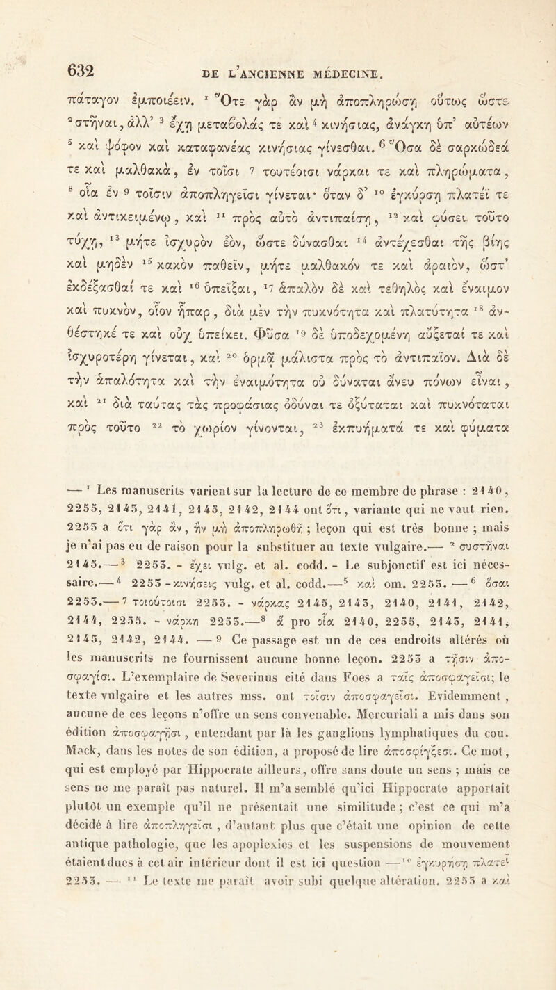 παταγον εμποιεειν. 1 νΟτε γάρ αν μη άποπληρώση ούτο)ς ώστε. Ώ στήναι, άλλ5 3 εχη μεταβολάς τε καί4 κινησιας, ανάγκη ύπ’ αύτέων 5 καί ψόφον και καταφανέας κινησιας γίνεσθαι. 6 ^Οσα δε σαρκώδεά τε και μαλθακά, εν τοΐσι 7 τουτε'οισι νάρκαι τε και πληρώματα, Β οία έν 9 τοισιν άποπληγεΐσι γίνεται* όταν δ’ 10 Ιγκυρση πλατεί τε και αντικείμενο), και 11 προς αυτό άντιπαίση, 12 και φύσει, τούτο TLbCYi> 13 ισχυρόν Ιόν, ώστε δύνασθαι 14 άντέχεσθαι της Βίης και μηδέν 15 κακόν παθεϊν, μήτε μαλθακόν τε και αραιόν, ώστ’ εκδέξασθαί τε και ι6ύπεϊξαι, *7 απαλόν δέ και τεθηλός και εναιμον και πυκνόν, οίον ήπαρ, διά μέν την πυκνότητα και πλατύτητα 18 αν- θεστηκέ τε και ούχ υπείκει. Φύσα 19 οέ υποδεχόμενη αύςεταί τε και ισχυρότερη γίνεται, και 20 ορμα μάλιστα προς το άντιπαΐον. Διά δέ τήν απαλότητα και την εναιμότητα ού δύναται άνευ πόνοιν είναι, καί 21 διά ταύτας τάς προφάσιας όδύναι τε δξύταται καί πυκνόταται προς τούτο 22 το γωρίον γίνονται, 23 έκπυήματά τε και φύματα — 1 Les manuscrits varient sur la lecture de ce membre de phrase : 2140, 2255, 2145, 2141, 2145, 2142, 21 44 ont ότι, variante qui ne vaut rien. 2253 a ότι γάρ αν, ήν μη άποπληρωθη ; leçon qui est très bonne ; mais je n’ai pas eu de raison pour la substituer au texte vulgaire.— 2 συστηναι 2145.—3 2255. - έχει vulg. et al. codd. - Le subjonctif est ici néces- saire.— 4 2253 - κινήσεις vulg. et al. codd.—5 καί om. 2253. ·—6 όσαι 2253.— 7 τοιούτοισι 2253. - νάρκας 2145,2143, 2140, 2141, 2142, 2144, 2255. - νάρκη 2255.—8 ά pro οία 2140, 2255, 2145, 2141 , 2145, 2142, 2144. — 9 Ce passage est un de ces endroits altérés où les manuscrits ne fournissent aucune bonne leçon. 22 55 a τγσιν άπο- σφαγίσι. L’exemplaire de Severinus cité dans Foes a ταΐς άποσφαγεϊσι; le texte vulgaire et les autres mss. ont τοισιν άποσφαγεϊσι. Evidemment , aucune de ces leçons n’offre un sens convenable. Mercuriali a mis dans son édition άποσφαγήσι, entendant par là les ganglions lymphatiques du cou. Mack, dans les notes de son édition, a proposé de lire άποσφίγξεσι. Ce mot, qui est employé par Hippocrate ailleurs, offre sans doute un sens ; mais ce sens ne me paraît pas naturel. Il m’a semblé qu’ici Hippocrate apportait plutôt un exemple qu’il ne présentait une similitude ; c’est ce qui m’a décidé à lire άποπληγεΐσι , d’autant pins que c’était une opinion de cette antique pathologie, que les apoplexies et les suspensions de mouvement étaientdues à cet air intérieur dont il est ici question ·—,0 έγκυο ή ση πλατε1 2253. —■*- 11 Le texte me paraît avoir subi quelque altération. 2253 a καί