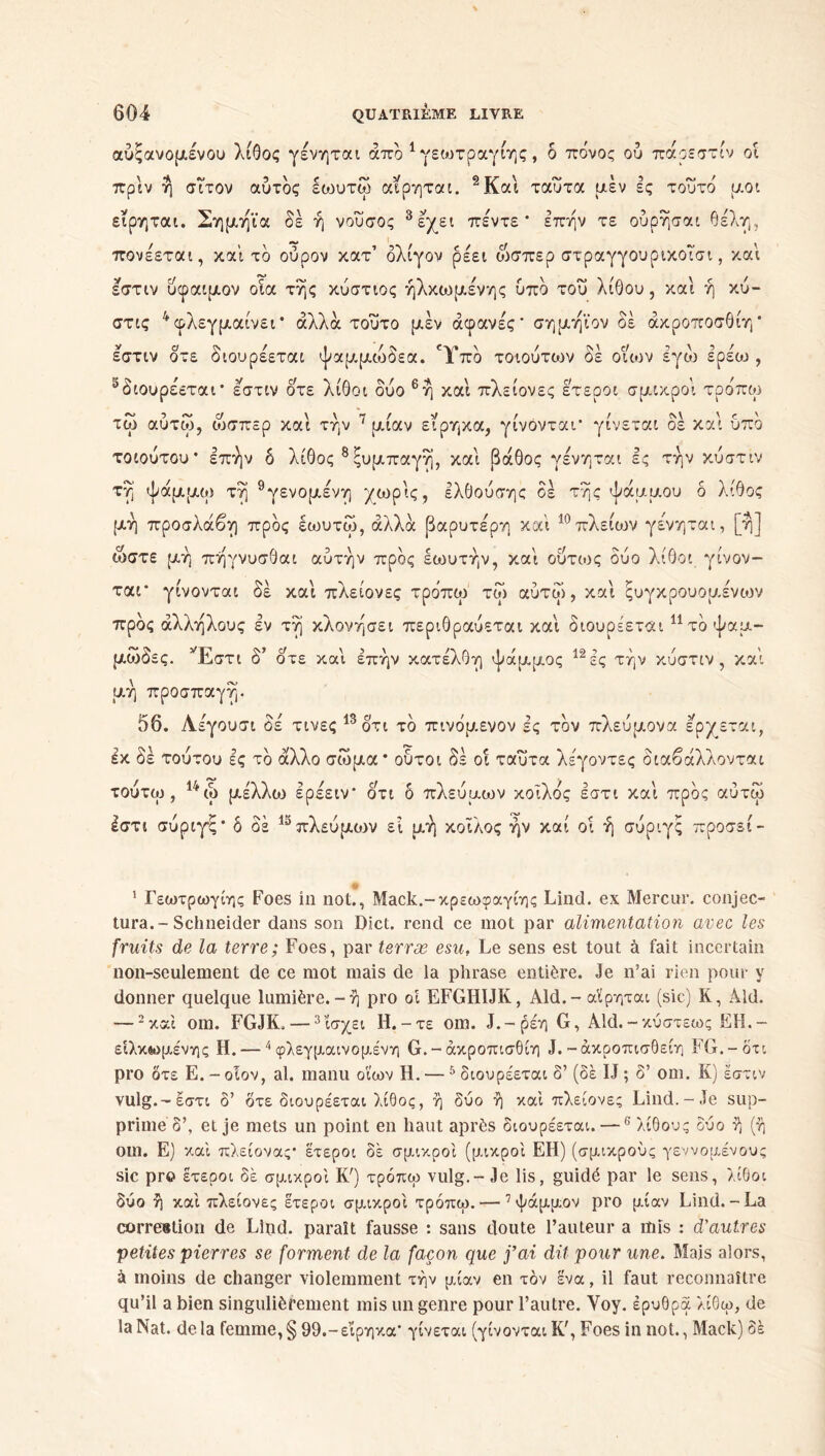 αυξανόμενου λίθος γενηται άπό 1 γεωτραγίης, δ πόνος ού πάρε στ ίν οί πριν η σίτον αυτός εωυτω αιρηται. 2Καί ταυτα μεν ες τουτό μοι ειρηται. Σημήϊα δε ή νοΰσος 3 έχει πέντε* επήν τε ούρήσαι θέλη, πονέεται, καί τό ούρον κατ’ ολίγον ρέει ώσπερ στραγγουρικοισι, και εστιν ύφαιμον οία της κύστιος ήλκωμένης υπό του λίθου, και ή κύ- στις 4φλεγμαίνει* άλλα τούτο μεν αφανές' σημήϊον δέ άκροποσθίη* εστιν δτε διουρέεται ψαμ.μιοδεα. 'Υπό τοιούτοιν δέ οιων εγώ έρέω , 3 διουρέεται* εστιν δτε λίθοι δυο 6η και πλείονες ετεροι σμικροι τροπω τω αύτω, ώσπερ καί την 7 μίαν ειρηκα, γίνονται' γίνεται δέ καί υπό τοιούτου* επήν δ λίθος 8ξυμπαγή, καί βάθος γενηται ες την κύστιν τη ψάμμω τη 9γενομένη χωρίς, ελθούσης δέ της ψάμμου δ λίθος μή προσλάβη προς εωυτω, άλλα βαρύτερη καί 10πλείων γενηται, [η] ώστε μή πήγνυσθαι αυτήν προς έωυτήν, καί ουτιος δύο λίθοι γίνον- ται* γίνονται δέ καί πλείονες τροπω τω αύτω, καί ςυγκρουομένων προς άλλήλους έν τή κλονήσει περιθραύεται καί διουρέεται 11 τό ψαμ- μώδες. νΕστι δ’ οτε καί επήν κατέλθη ψάμμος 12ες τήν κύστιν, καί μή προσπαγή. 56. Αέγουσι δέ τινες 13οτι τό πινόμενον ες τον πλεύμονα έρχεται, έκ δέ τούτου ες τό άλλο σώμα* ούτοι δέ οι ταυτα λέγοντες διαβάλλονται τούτω , 14 ώ μέλλω Ιρέειν* δτι δ πλεύμων κοίλος εστι καί προς αύτω Ιστι σύριγξ* δ δέ 1δπλεύμων εί μή κοίλος ήν καί οί ή σύριγς προσεί- 1 Γεωτρωγίης Foes in not., Mack.-κρεωφαγίης Lind. ex Mercur. conjec- tura.-Schneider dans son Dict. rend ce mot par alimentation avec les fruits de la terre; Foes, par terræ esu, Le sens est tout à fait incertain non-seulement de ce mot mais de la phrase entière. Je n’ai rien pour y donner quelque lumière.-ή pro oi EFGHIJK, Aid. - αΐρηται (sic) K, Aid. —2καί om. FGJK,— 3ισχει H.-τε om. J.-ρέη G, Aid.-κύστεως ËH.- είλκωμένης H. —4 φλεγμαινομένη G. - άκροπισθίη J.-άκροπισθείη FG.-δτι pro δτε E. - oiov, al. manu οϊων II. —5 διουρέεται δ’ (δέ IJ ; δ’ om. K) εστιν vulg.-έστι δ’ οτε διουρέεται λίθος, ή δύο ή καί πλείονες Lind.-Je sup- prime δ’, et je mets un point en liant après διουρέεται. —6 λίθους δύο ή (ή om. Ε) καί πλείονας* ετεροι δέ σμικροι (μικροί ΕΗ) (σμικρούς γεννομένους sic pro έτεροι δέ σμικροι Κ') τρόπω vulg.- Je lis, guidé par le sens, λίθοι δύο ή καί πλείονες έτεροι σμικροι τρόπω. — 1 ψάμμον pro μίαν Lind.-La correction de Lind. paraît fausse : sans doute l’auteur a mis : d'autres petites pierres se forment de la façon que j’ai dit pour une. Mais alors, à moins de changer violemment τήν μίαν en τον ένα, il faut reconnaître qu’il a bien singulièrement mis un genre pour l’autre. Yoy. ερυθρά λίθω, de la Nat. delà femme, § 99.-είρηκα* γίνεται (γίνονται K', Foes in not., Mack) δέ