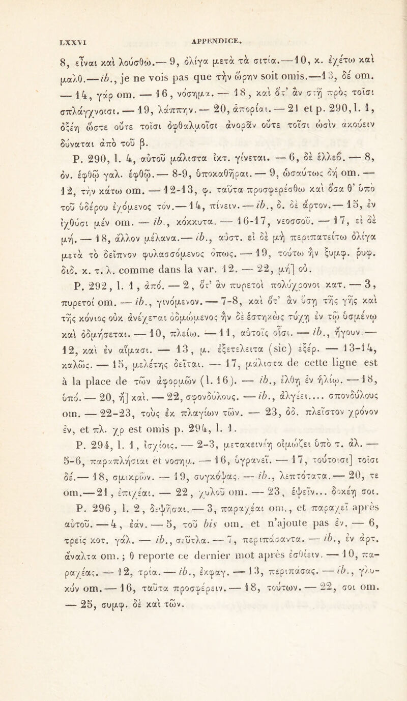 8, είναι καί λούσθώ.— 9, ολίγα μετά τα σετία. 10, κ. εχετω xat μαλθ.-—/A., je ne vois pas que τήν ώρην soit omis.—13, os om. 145 γοφ om. — 16, νόσημα. — 18, καί ôV αν στη προς τοίσι σπλάγχνοισι. — 19, λαππην. — 20, απορία ι. Α\ etp. 290,1. 1, όςεη ώστε ούτε τοίσι δφθαλμοΐσι άνοραν ούτε τοισι ώσίν ακούειν δύναται από τού β. Ρ. 290, 1. 4, αύτού μάλιστα ίκτ. γίνεται. — 6, δέ έλλεβ. -— 8, δν. Ιφθω γαλ. έφΟω.— 8-9, ύποκαθήραι.— 9, ώσαύτως δη om. — 12, τήν κάτο) om. — 12-13, φ. ταύτα προσφερέσθω καί δσα θ’ υπό τού ύδέρου εγόμενος τον.—14, πινειν. — ib.,o. οε άρτον.- Ιο, cv Γ/Θυσε μεν om. — ib., κοκκυτα. — 16-17, νεοσσού. 17, ει Οε μή.— -18, άλλον μέλανα.— ib., αύστ. ει δέ μή περιπατείτω ολίγα μετά τό δείπνον φυλασσόμενος όπως. — 19, τούτω ήν ξυμφ. ρυφ. διο. κ. τ. λ. comme clans la var. 1 2. — 22, μή] ού. P. 292 ,1.1, από. — 2 , ôV άν πυρετοί πολύχρονοι κατ. — 3 , πυρετοί om. — ib., γινόμενον. — 7-8, καί ôV άν ύση τής γης καί τής κόνιος ούκ άνεγεται δομούμενος ήν οε έστηκώς τύχη εν τω υσμενω καί δδμήσεται. — 10, πλείω. —11, αύτοΐς οίσι. —/£., ήγουν.— 12, καί εν αιμασι. — 13, μ. εςετελειτα (sic) εςερ. 3 3-14, καλώς. — 15, μελέτης δεΐται. — 17, μάλιστα de cette ligne est à la place de των αφορμών (1. 16). — ib., έλθη εν ήλιω. -—-18, Οπό.-—20, ή] καί. — 22, σφονδύλους. -—ib., άλγέει.... σπονδύλους 22-23, τούς εκ πλαγίων των. — 23, δδ. πλεΤστον χρόνον om, έν, et πλ. χρ est omis ρ. 294, 1. 1 Ρ. 294, 1.1, ισ/ίοις. — 2-3, μετακεινέη οίμιόζει υπό τ. άλ. — 5-6, παραπλήσιαι et νοσημ. — 16, υγράνει. — 17, τούτοισι] τοίσι δέ.— 18, σμικρών. — 19, συγκόψας. — ib., λεπτότατα. — 20, τε om.— 21 , έπι/έαι. — 22, χυλού om. — 23, έψεΐν... δοκέη σοι. Ρ. 296, 1. 2, δεψήσαι. — 3, παραχέαι om., et παραχεΐ après αύτού.—4, εάν. — 5, τού bis' om. et n ajoute pas εν. — 6, τρεις κοτ. γάλ. — ib., σίύτλα.— 7, περιπάσαντα. — ib., εν αρτ. 10. πα- άναλτα om. ; θ reporte ce dernier mot après έσΟιειν ραγέας. —12, τρία.—- ib., εκφαγ. —-13, περιπασας.—ώ., γλυ- κύν om.— 16, ταύτα προσφέρειν.— 18, τούτων. — 22, σοι om. — 25, συμφ. δέ καί των.