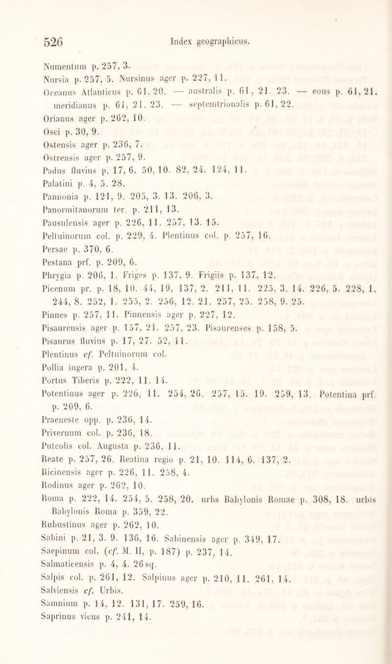 Numentum p. 257, 3. Nursia p. 257, 5. Nursinus ager p. 227, 11. Oceanus Atlanticus p. Gl, 20. — australis p. 61, 21. 23. — eous p. 61,21. meridianus p. 61, 21. 23. — septemtrionalis p. 61, 22. Orianus ager p. 262, 10. Osci p. 30, 9. Ostensis ager p. 236, 7. Ostrensis ager p. 257, 9. Padus fluvius p. 17,6. 50, 10. 82, 24. 1.24, 11. Palatini p. 4, 5. 28. Pannonia p. 121, 9. 205, 3. 13. 206, 3. Panormitanorum ter. p. 211, 13. Pausulensis ager p. 226, 11. 257, 13. 15. Peltuinorum col. p. 229, 4. Plentinus col. p. 257, 16. Persae p. 370, 6. Pestana prf. p. 209, 6. Phrygia p. 206, 1. Friges p. 137, 9. Frigiis p. 137, 12. Picenum pr. p. 18, 10. 44, 19, 137, 2. 211, 11. 225, 3. 14. 226, 5. 228, 1. 244, 8. 252, 1. 255, 2. 256, 12. 21. 257, 25. 258, 9. 25. Pinnes p. 257, 11. Pinnensis ager p. 227, 12. Pisaurensis ager p. 157, 21. 257, 23. Pisaurenses p. 158, 5. Pisaurus fluvius p. 17, 27. 52, 11. Plentinus cf. Peltuinorum col. Pollia iugera p. 201, 4. Portus Tiberis p. 222, 11. 14. Potentinus ager p. 226, 11. 254, 26. 257, 15. 19. 259, 13. Potentina prf. p. 209, 6. Praeneste opp. p. 236, 14. Privernum col. p. 236, 18. Puteolis col. Augusta p. 236, 11. Reate p. 257, 26. Reatina regio p. 21, 10. 114, 6. 137, 2. Ricinensis ager p. 226, 11. 258, 4. Rodinus ager p. 262, 10. Roma p. 222, 14. 254, 5. 258, 20. urbs Babylonis Romae p. 308, 18. urbis Babylonis Roma p. 359, 22. Rubustinus ager p. 262, 10. Sabim p. 21, 3. 9. 136, 16. Sabinensis ager p. 349, 17. Saepinum col. (cf. M. II, p. 187) p. 237, 14. Salmaticensis p. 4, 4. 26 sq. Salpis col. p. 261, 12. Salpinus ager p. 210, 11. 261, 14. Salviensis cf. Urbis. Samnium p. 14, 12. 131, 17. 259, 16. Saprinus vieus p. 241, 14.