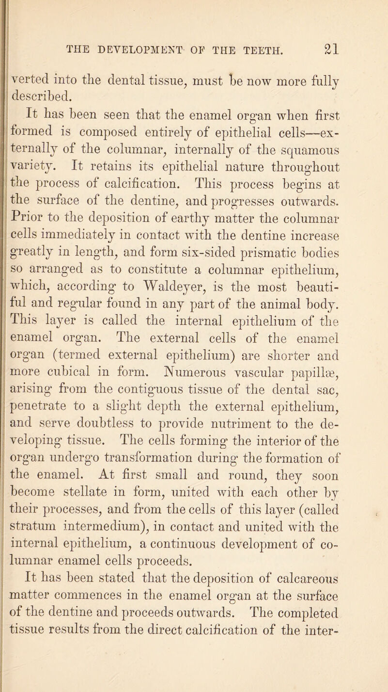 verted into the dental tissue, must be now more fully described. It has been seen that the enamel oraym when first formed is composed entirely of epithelial cells—ex¬ ternally of the columnar, internally of the scpiamous variety. It retains its epithelial nature throughout the process of calcification. This process begins at the surface of the dentine, and progresses outwards. Prior to the deposition of earthy matter the columnar cells immediately in contact with the dentine increase greatly in length, and form six-sided prismatic bodies so arranged as to constitute a columnar epithelium, which, according* to Waldeyer, is the most beauti¬ ful and regular found in any part of the animal body. This layer is called the internal epithelium of the enamel organ. The external cells of the enamel organ (termed external epithelium) are shorter and more cubical in form. TNumerous vascular papilla?, arising from the contiguous tissue of the dental sac, penetrate to a slight depth the external epithelium, and serve doubtless to provide nutriment to the de¬ veloping tissue. The cells forming the interior of the organ undergo transformation during the formation of the enamel. At first small and round, they soon become stellate in form, united with each other by their processes, and from the cells of this layer (called stratum intermedium), in contact and united with the internal epithelium, a continuous development of co¬ lumnar enamel cells proceeds. It has been stated that the deposition of calcareous matter commences in the enamel organ at the surface of the dentine and proceeds outwards. The completed tissue results from the direct calcification of the inter-