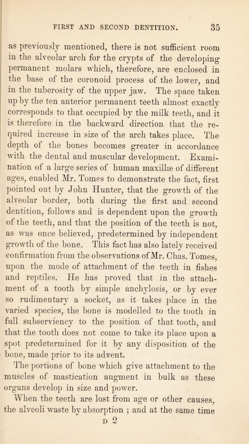 as previously mentioned, there is not sufficient room in the alveolar arch for the crypts of the developing1 permanent molars which, therefore, are enclosed in the base of the coronoid process of the lower, and in the tuberosity of the upper jaw. The space taken up by the ten anterior permanent teeth almost exactly corresponds to that occupied by the milk teeth, and it is therefore in the backward direction that the re¬ quired increase in size of the arch takes place. The depth of the bones becomes greater in accordance with the dental and muscular development. Exami¬ nation of a large series of human maxillse of different ages, enabled Mr. Tomes to demonstrate the fact, first pointed out by John Hunter, that the growth of the alveolar border, both during the first and second dentition, follows and is dependent upon the growth of the teeth, and that the position of the teeth is not, as was once believed, predetermined by independent growth of the bone. This fact has also lately received confirmation from the observations of Mr. Chas. Tomes, upon the mode of attachment of the teeth in fishes and reptiles. He has proved that in the attach¬ ment of a tooth by simple anchylosis, or by ever so rudimentary a socket, as it takes place in the varied species, the bone is modelled to the tooth in full subserviency to the position of that tooth, and that the tooth does not come to take its place upon a spot predetermined for it by any disposition of the bone, made prior to its advent. The portions of bone which give attachment to the muscles of mastication augment in bulk as these organs develop in size and power. When the teeth are lost from age or other causes, the alveoli waste by absorption ; and at the same time d 2